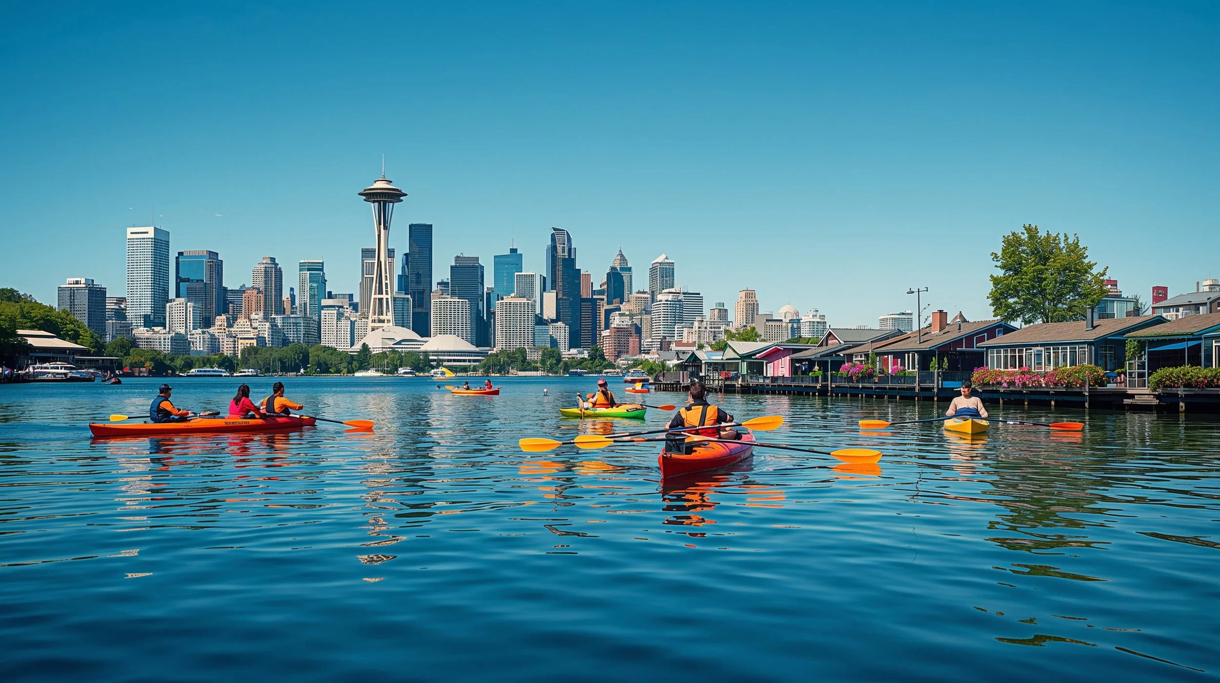 Kayakers enjoying Lake Union with Seattle skyline in the background.