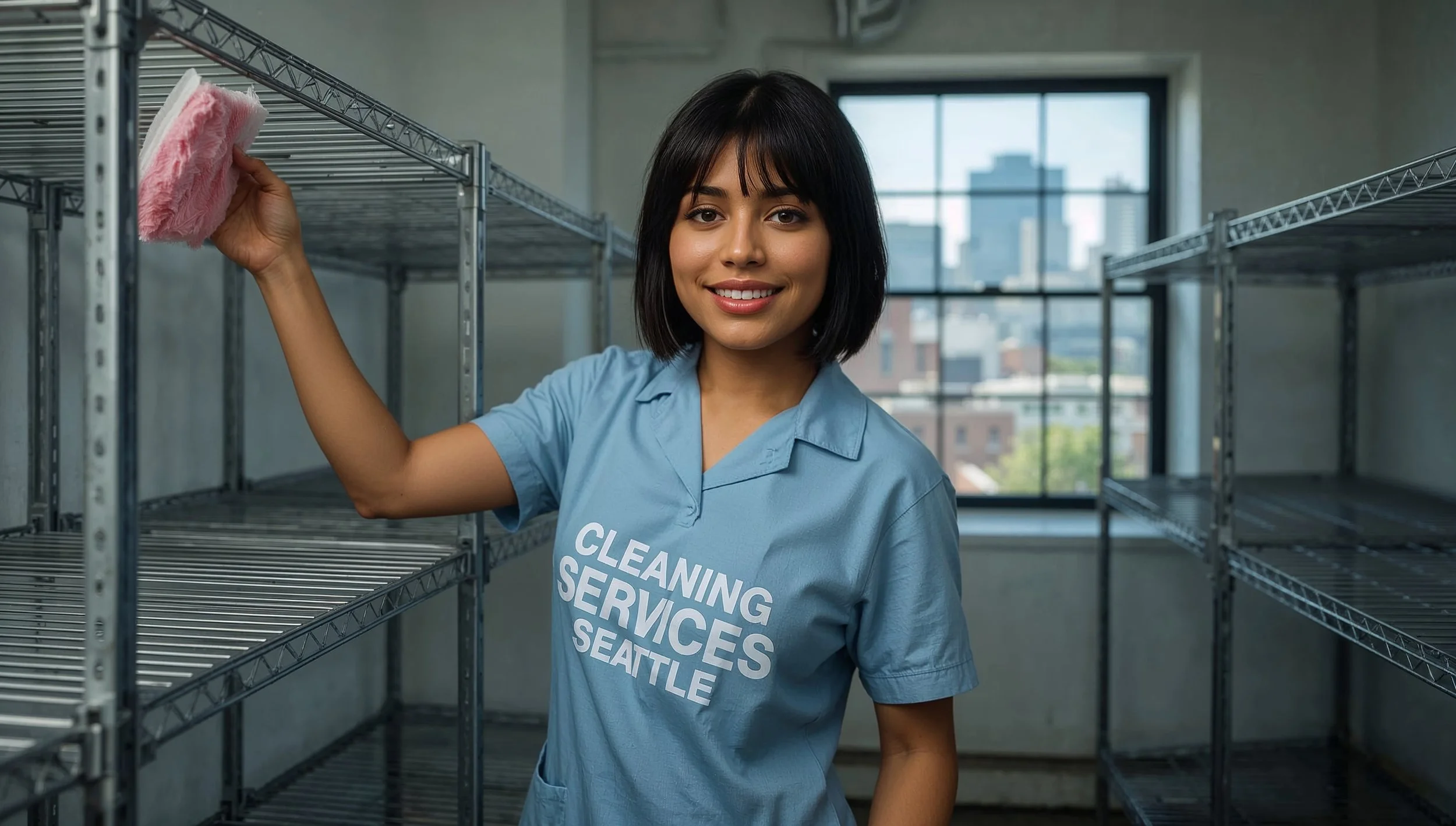 Peruvian cleaning professional dusting shelves in industrial Seattle home