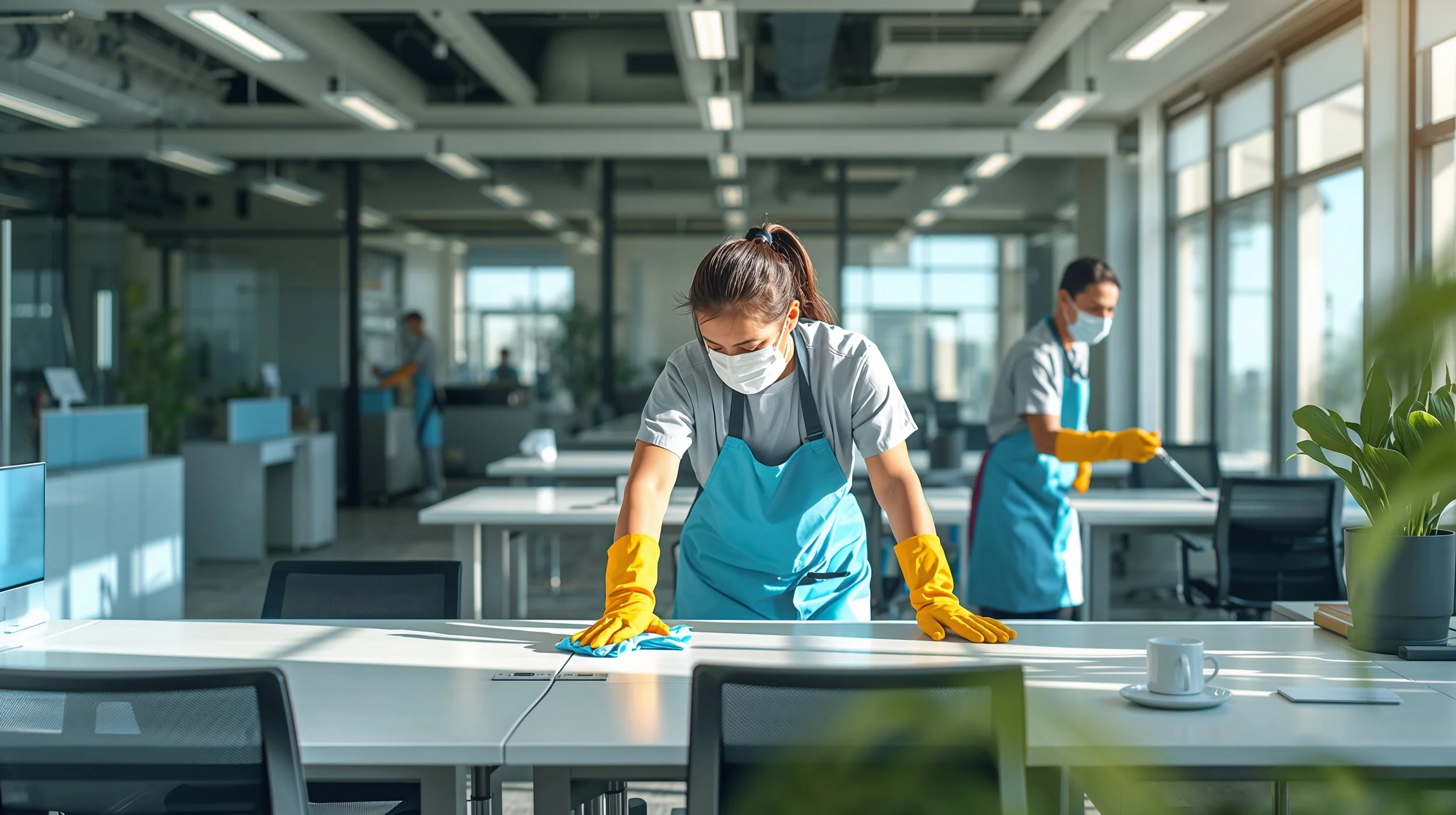 Professional cleaners disinfecting desks in a modern office workspace.