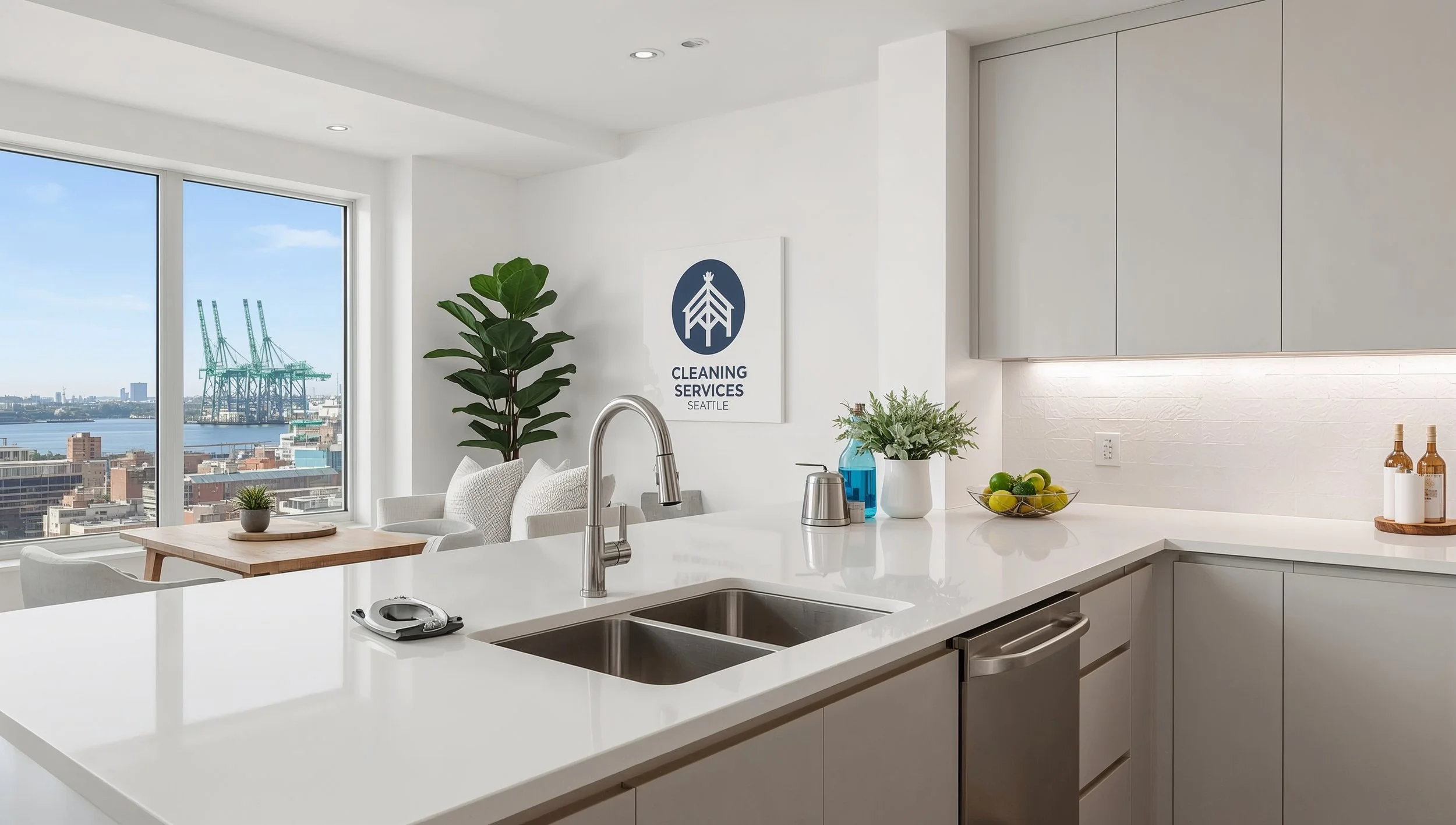 Spotless Interbay Seattle kitchen with Cleaning Services Seattle logo and port crane views.