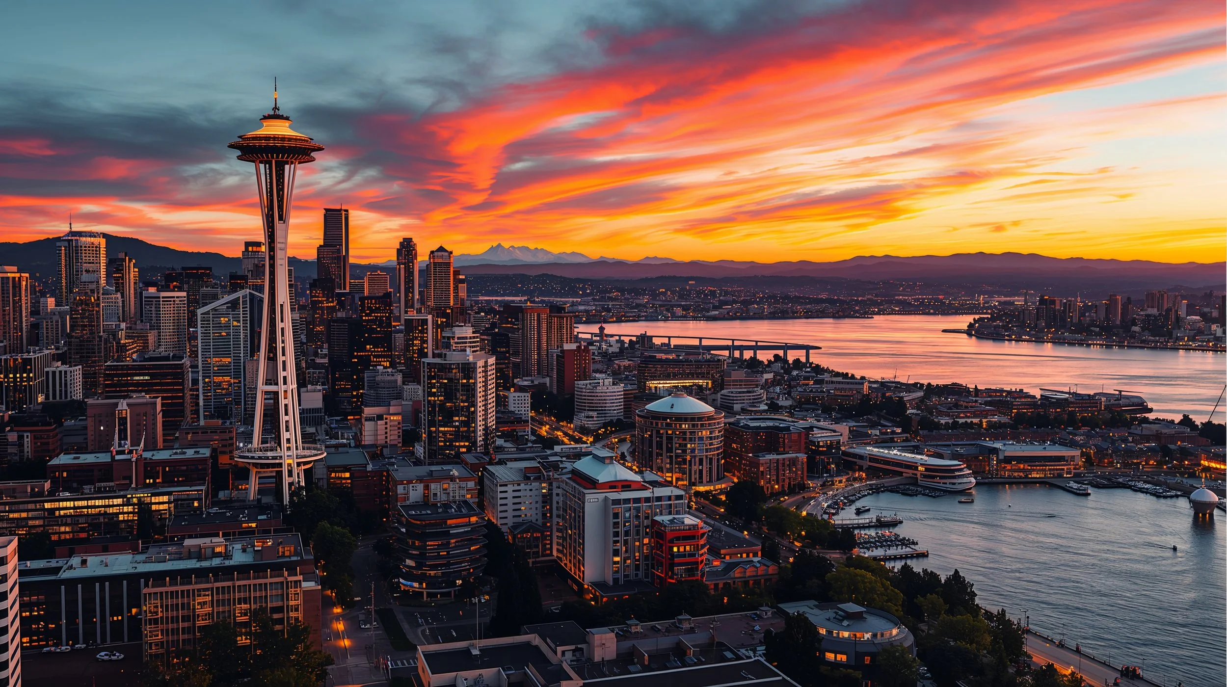 Seattle skyline at sunset featuring the Space Needle and downtown waterfront.