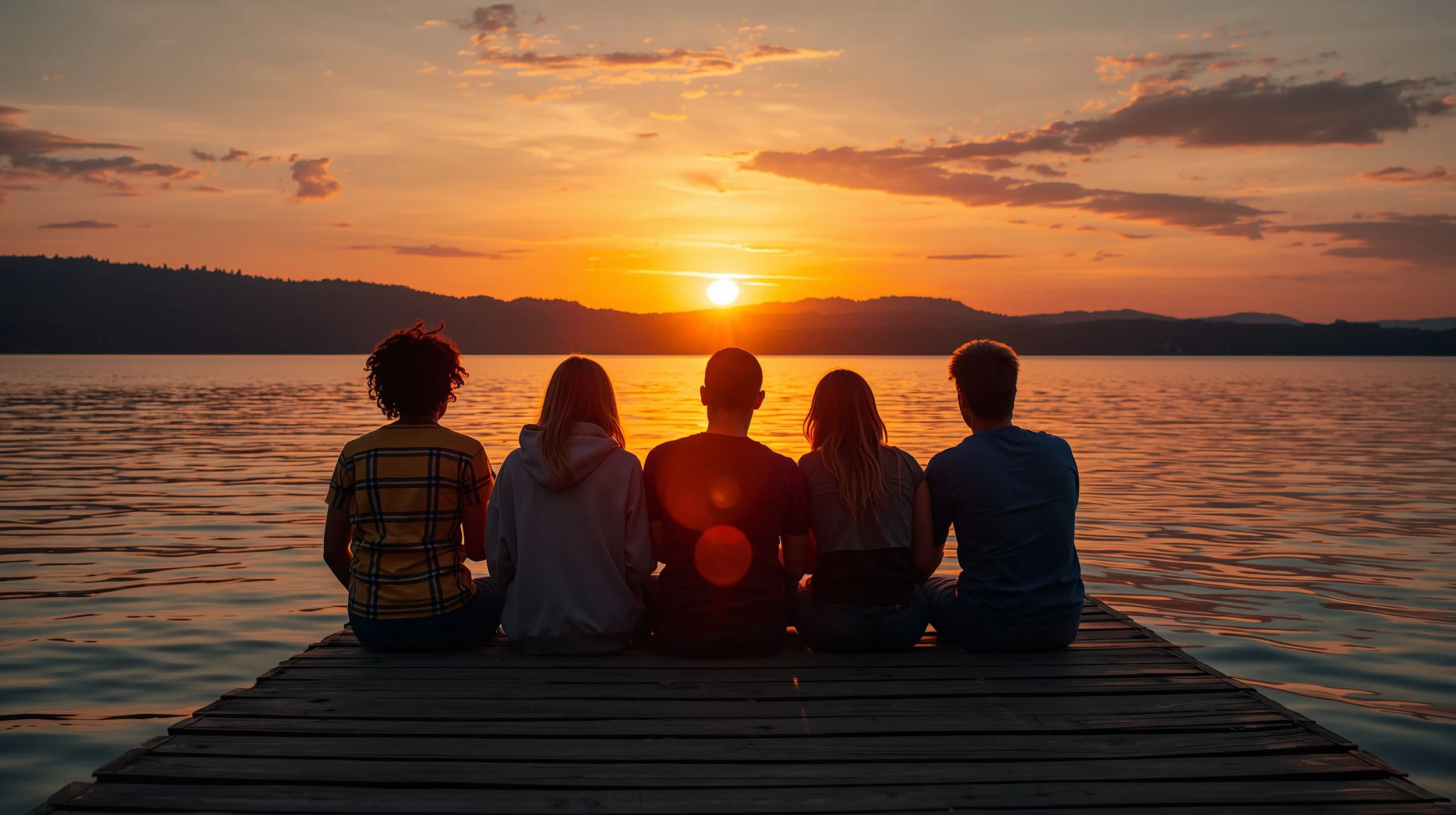Friends relaxing on a dock watching sunset over Lake Washington.