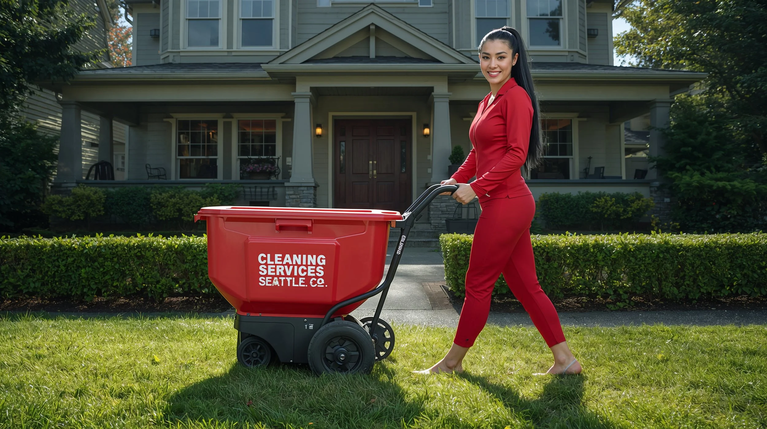 Smiling yard cleaning specialist collecting leaves across a freshly cleaned lawn at a Seattle craftsman home.