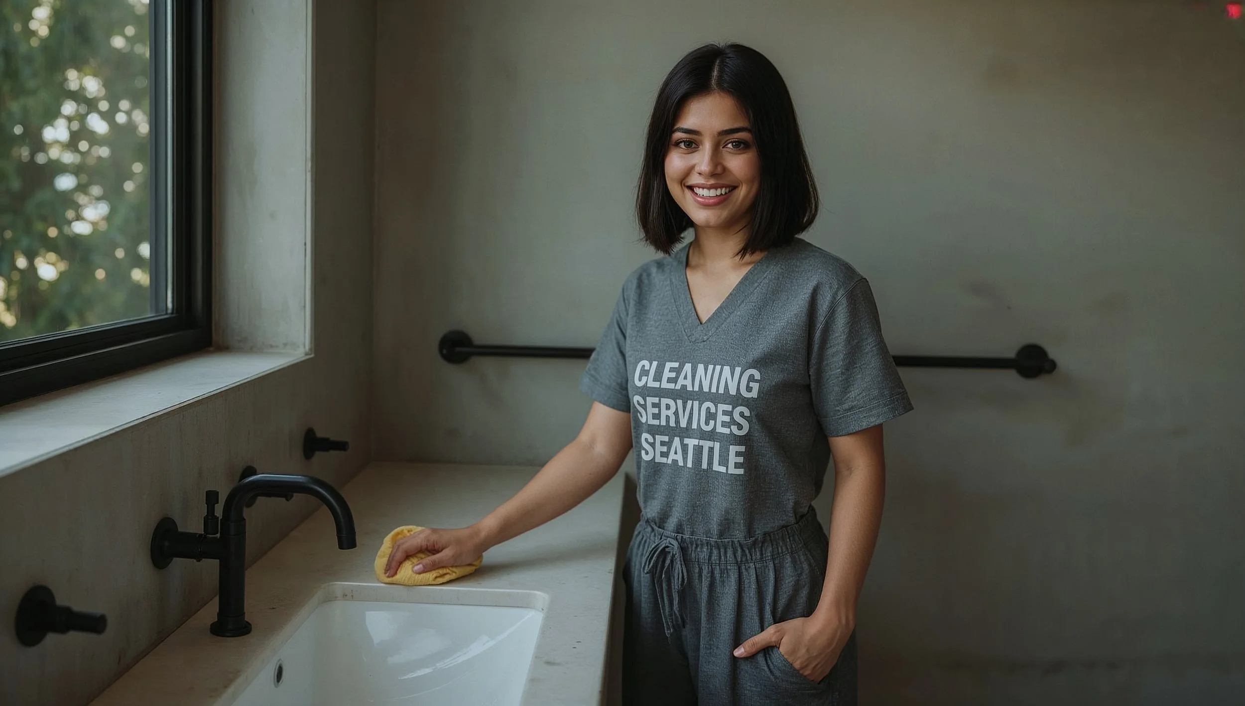 Peruvian cleaning professional scrubbing an industrial-style bathroom in a Madison Park Seattle home, wearing a clearly branded Cleaning Services Seattle uniform.
