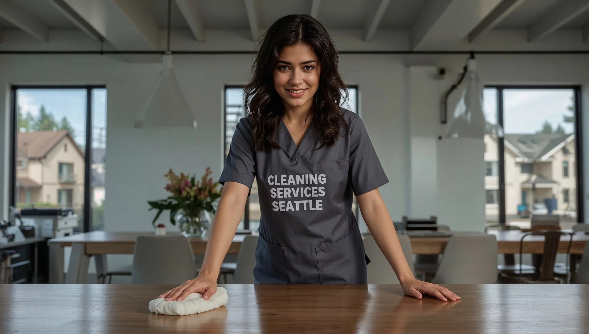 Venezuelan cleaning professional polishing an industrial dining table inside a Madison Park Seattle home with visible neighborhood scenery.