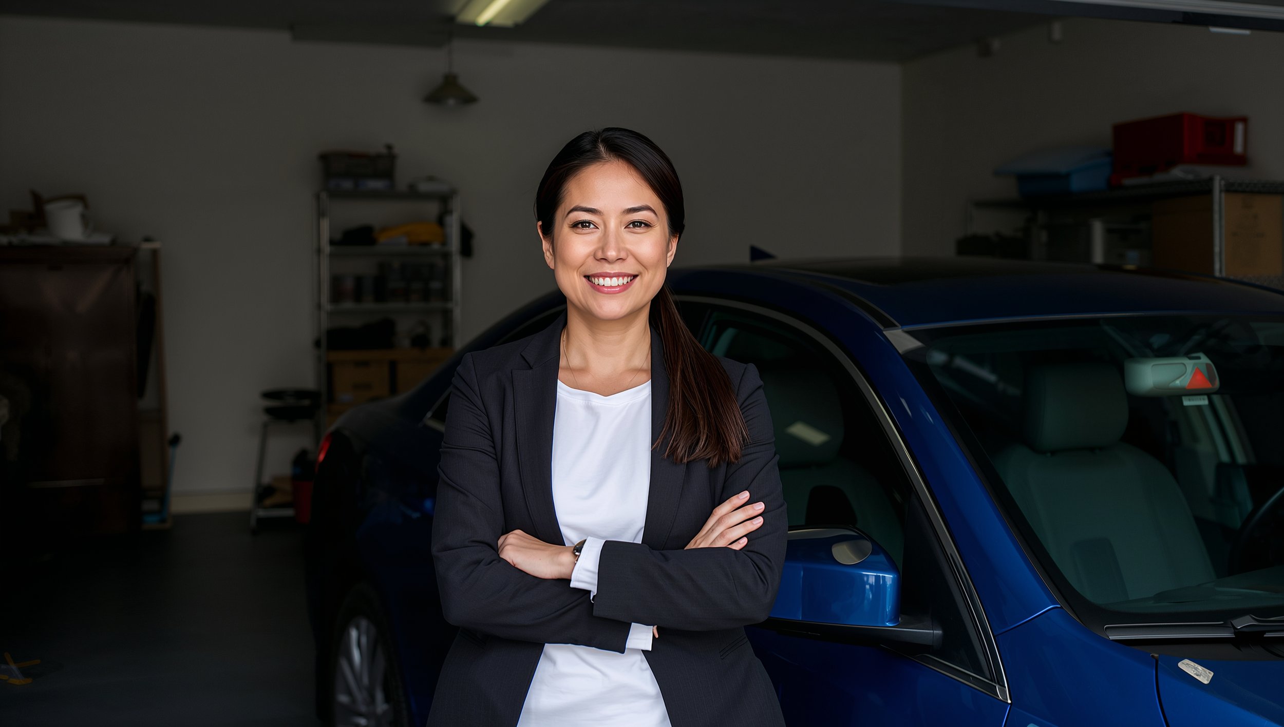 Asian woman standing in her Seattle garage beside a blue sedan.