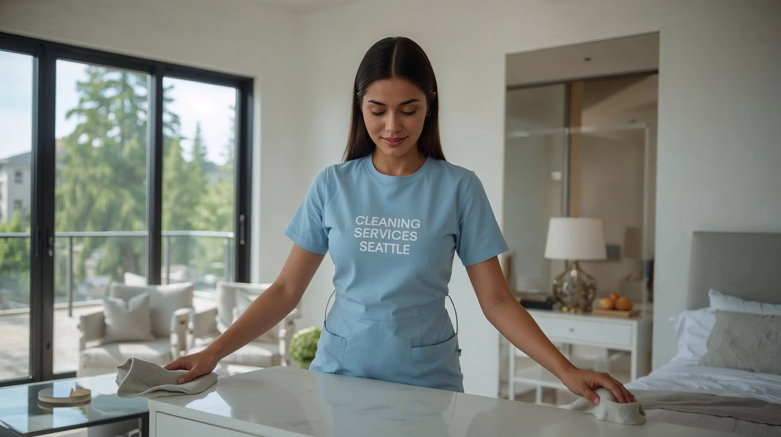 Brazilian cleaner dusting bedroom furniture inside a Broadmoor Seattle luxury home