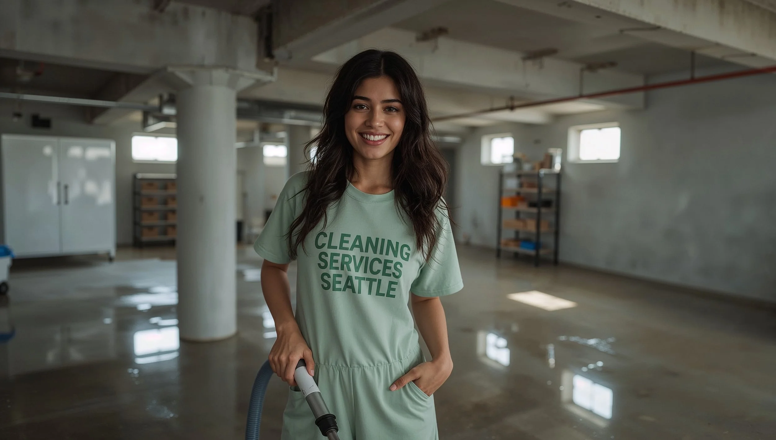 Happy Latina cleaner deep cleaning a Laurelhurst home basement in Seattle