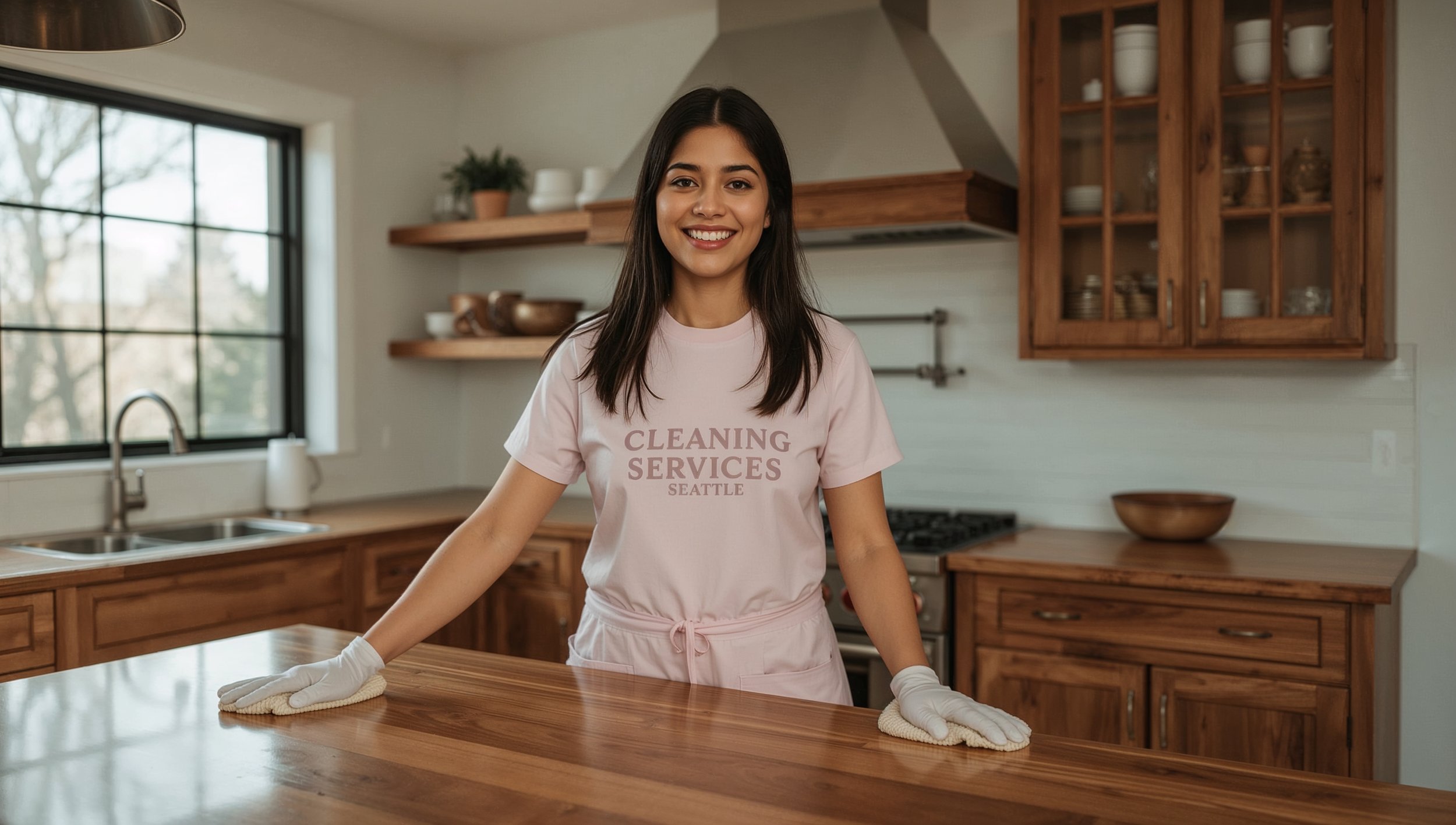 Peruvian female cleaner polishing kitchen counters in a Licton Springs Seattle craftsman home