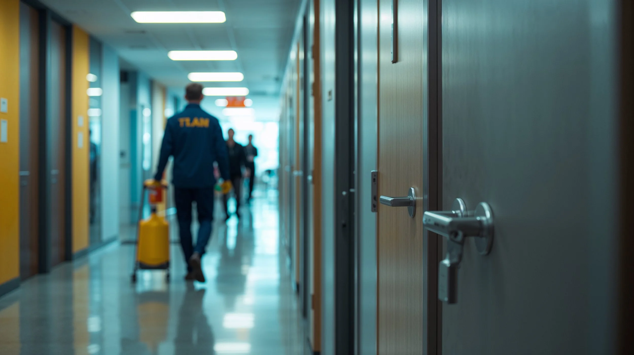 Professional cleaner disinfecting door handles in an office hallway.