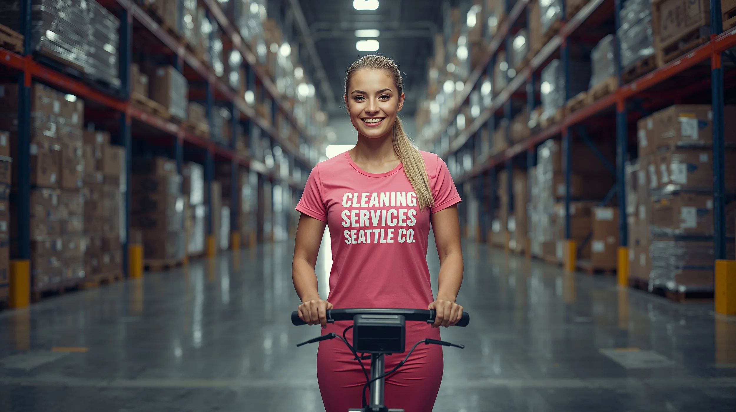 Professional warehouse cleaner using an industrial floor scrubber inside a large Seattle warehouse with polished floors and organized pallet racks.