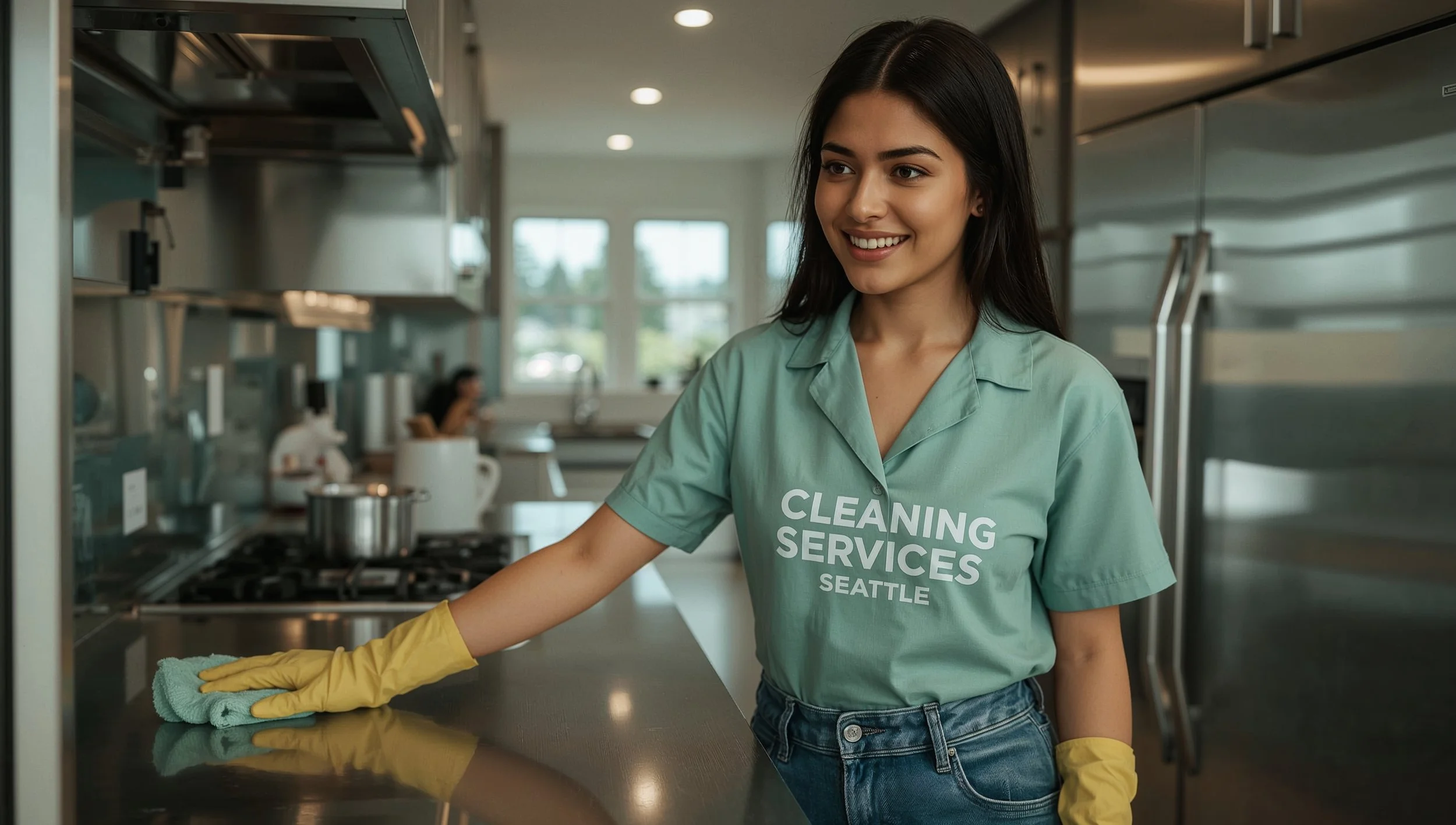 Peruvian cleaning professional degreasing a Laurelhurst home kitchen in Seattle