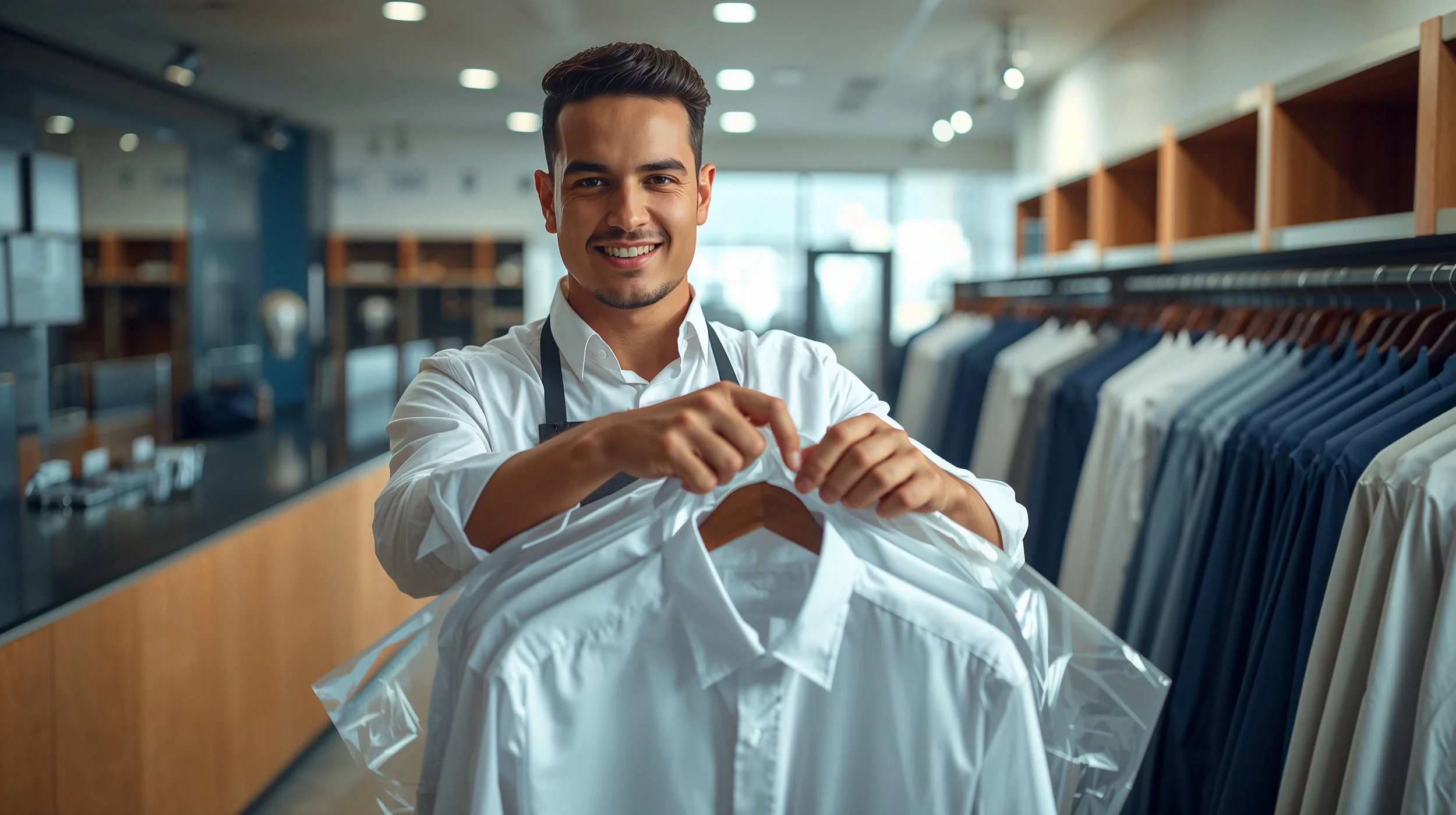 Freshly dry cleaned dress shirts hanging in protective garment bags