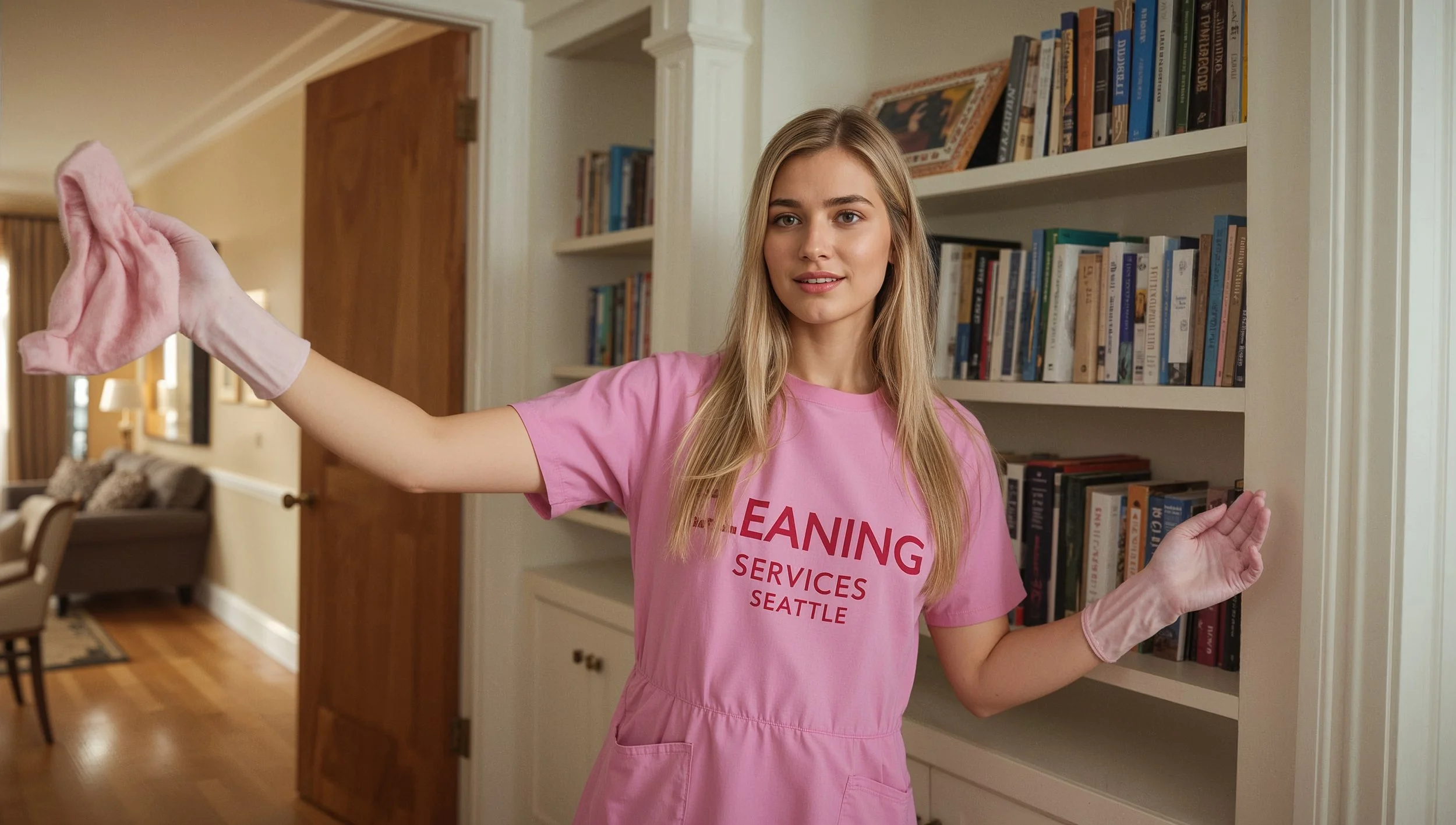 Ukrainian female cleaner dusting shelves in a Madison Valley Seattle living room with Cleaning Services Seattle logo visible