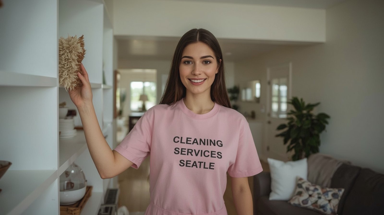 Russian professional cleaner dusting a Magnolia Seattle home interior