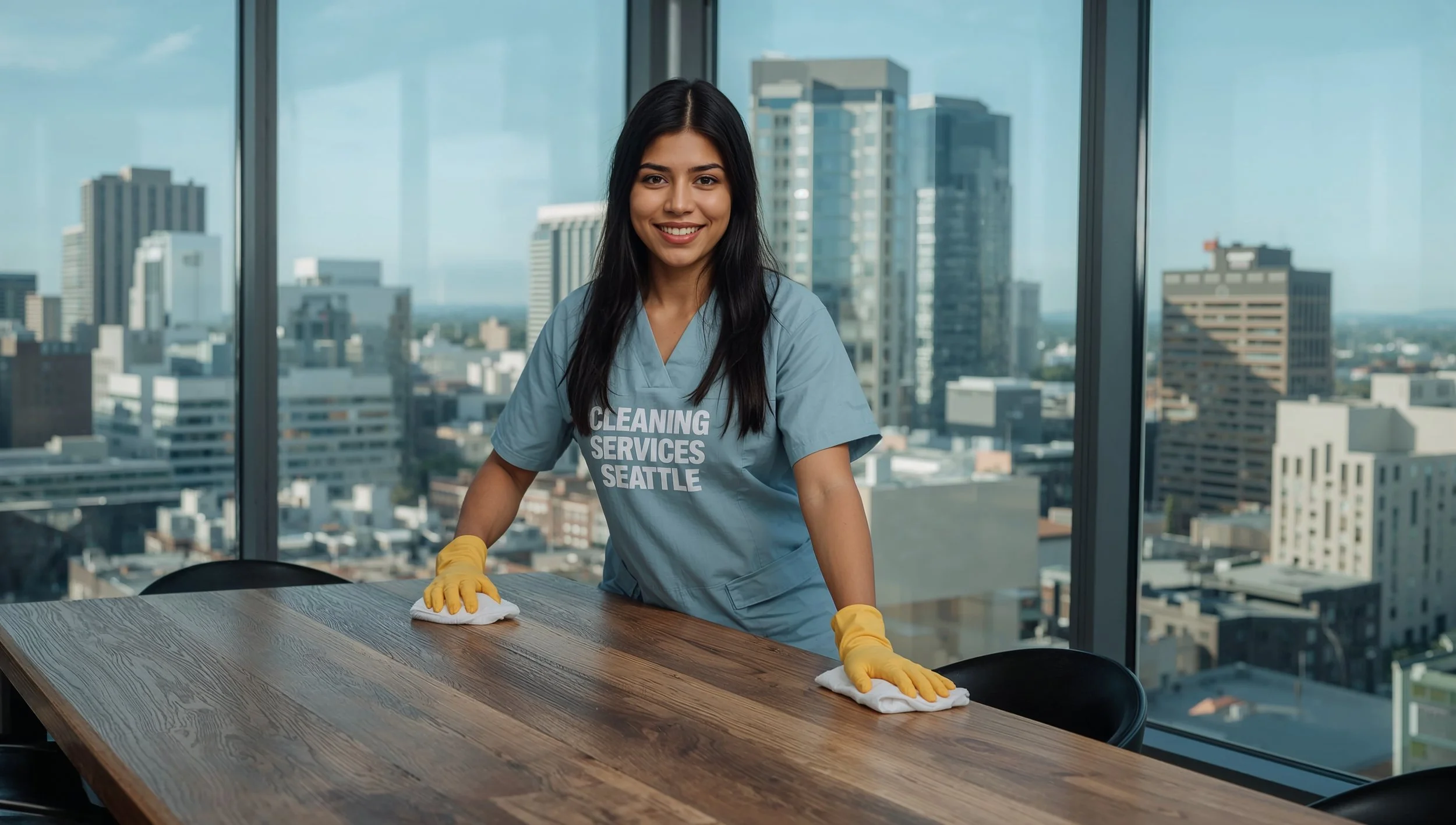 Colombian cleaning professional wiping table in a modern Lower Queen Anne home