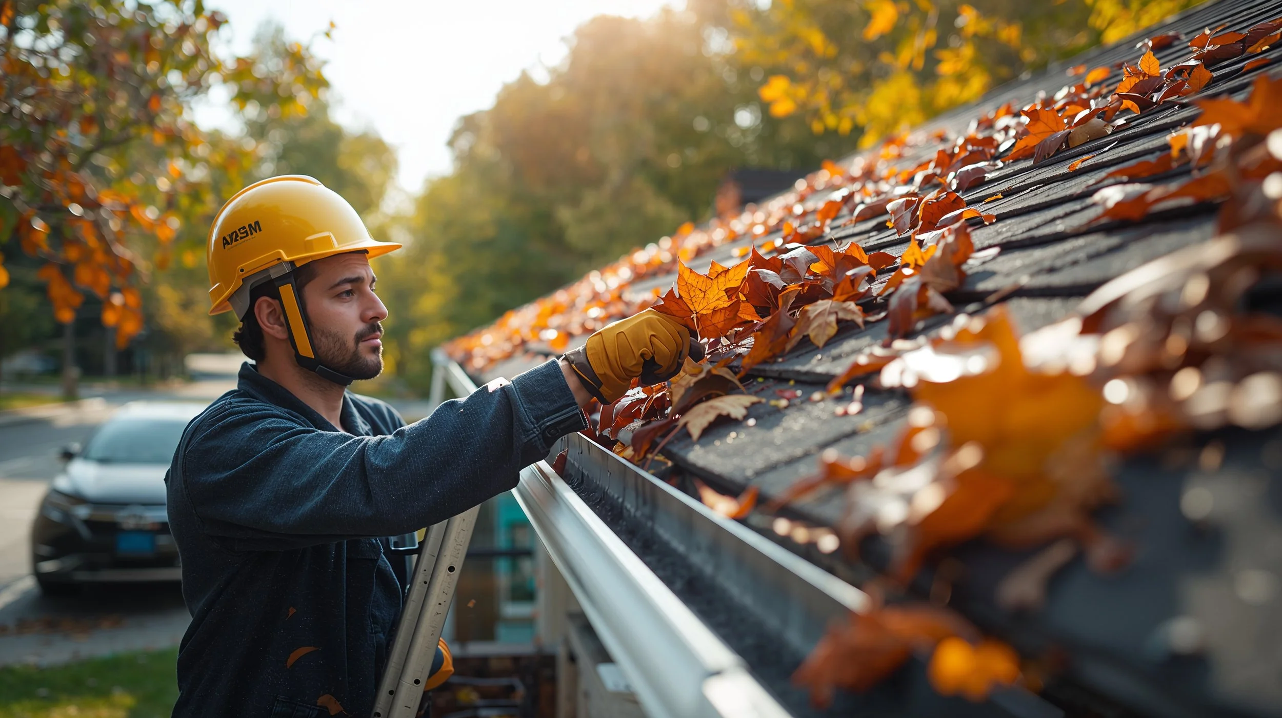 Professional gutter cleaning technician removing debris from residential gutters