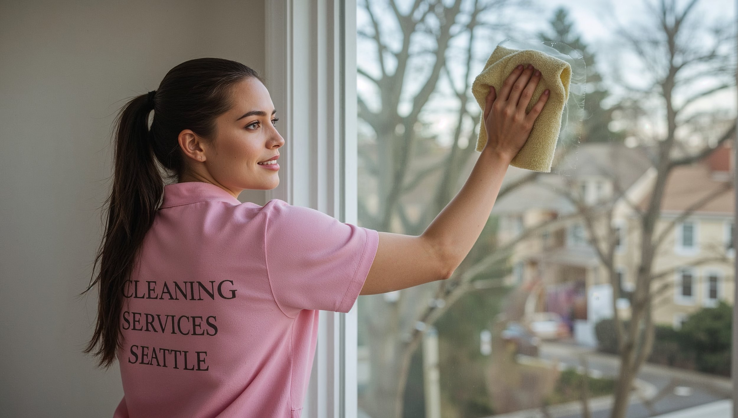 Guatemalan cleaner wiping interior windows in a Madison Valley Seattle home with Cleaning Services Seattle branding clearly visible