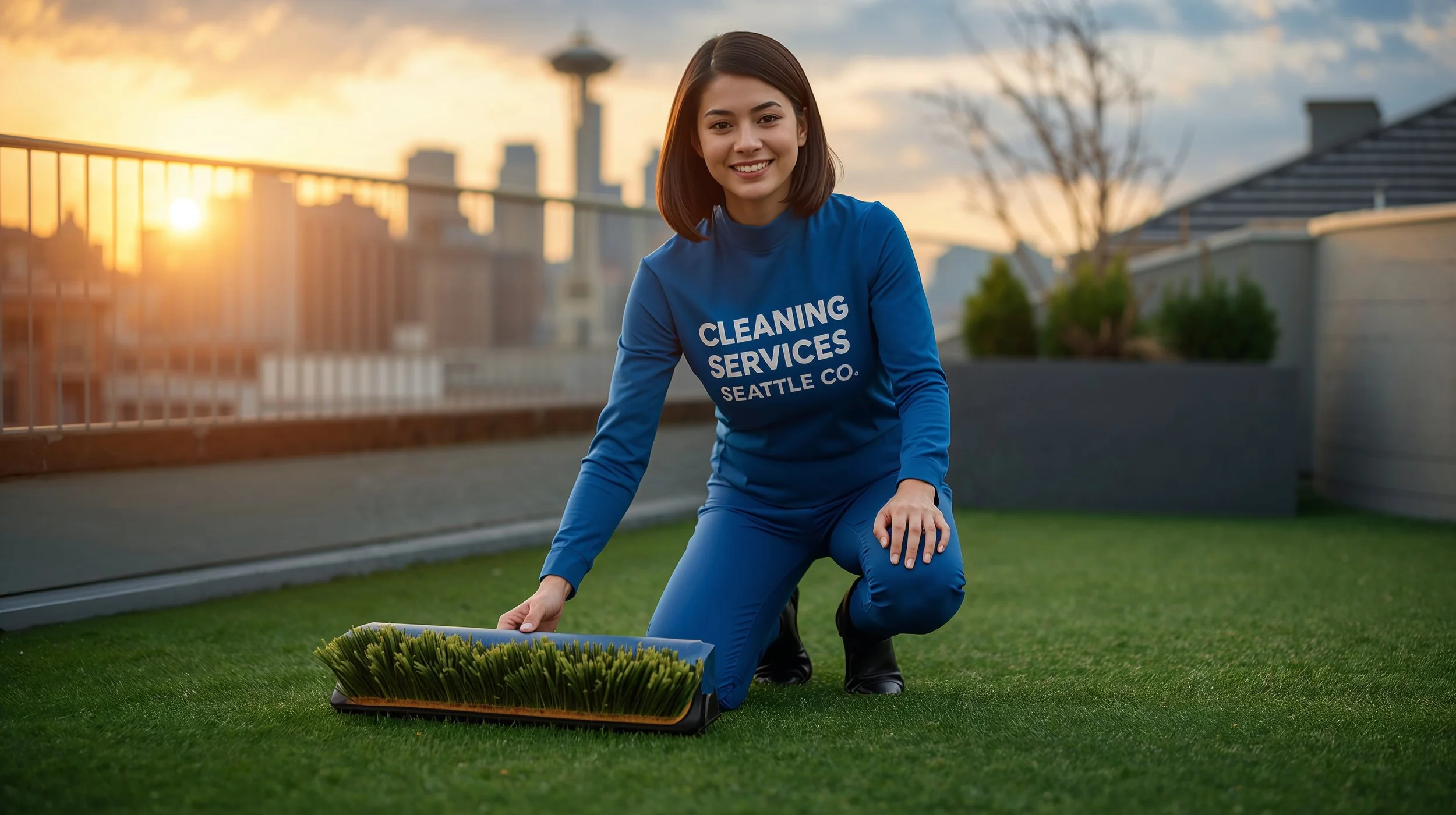 Professional turf cleaning technician presenting freshly restored artificial grass on a Seattle rooftop terrace