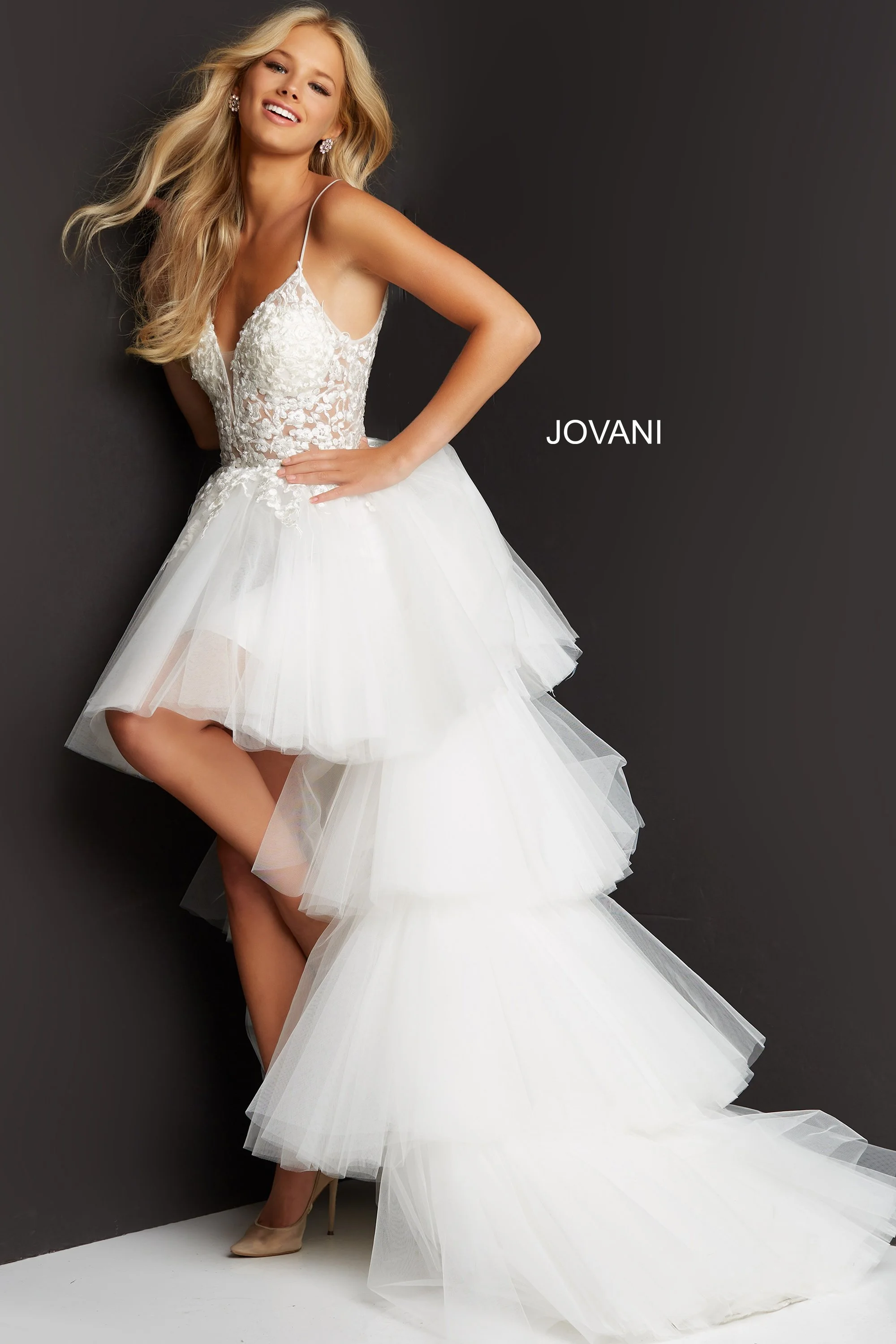 white embroidered dress prom Poly USA 9376 Embroidered Sheer Sleeveless Slit Gown
