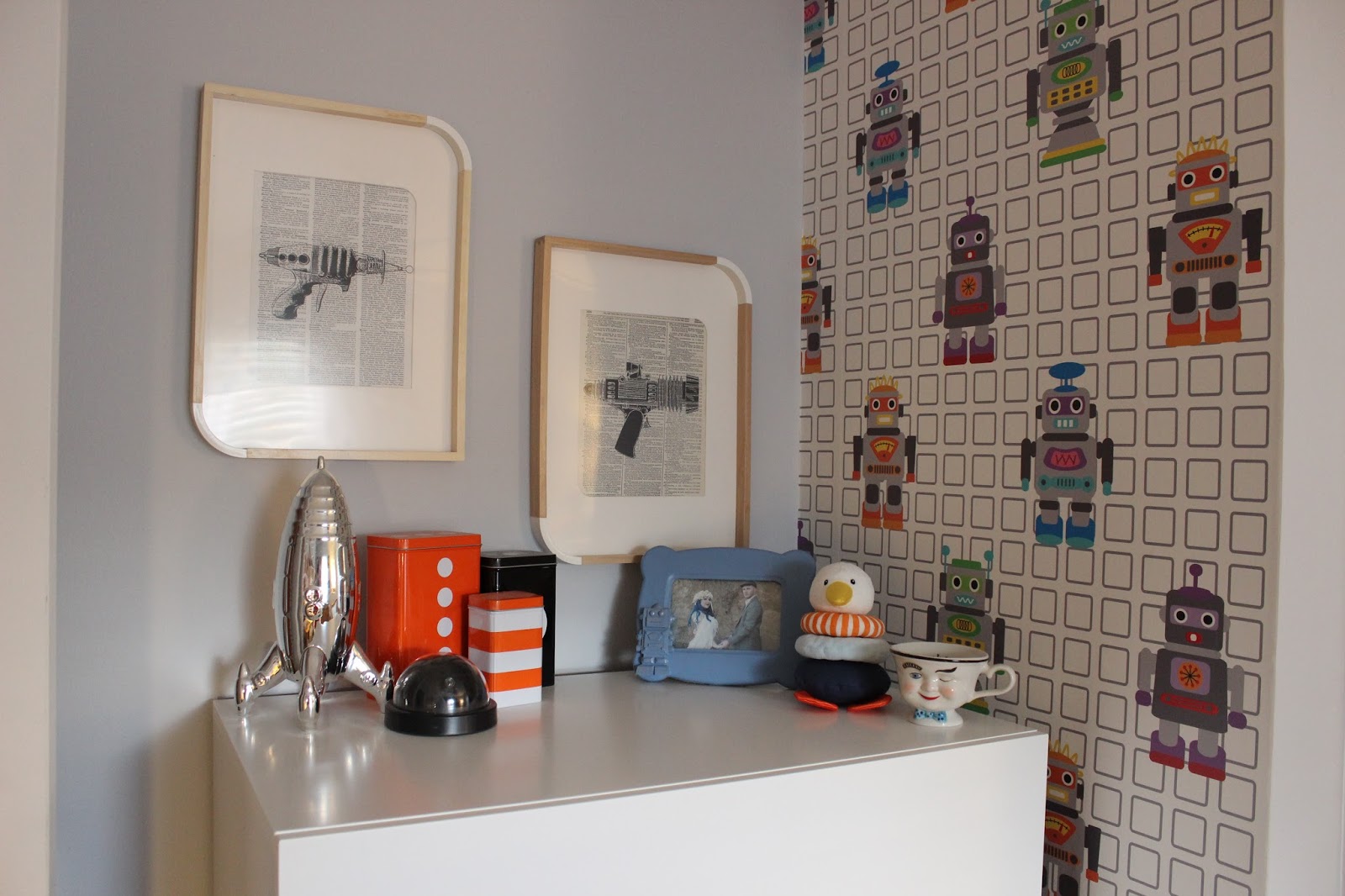 Ray Gun Prints: CollageaRama on Etsy on left (I cannot recommend them, it took ages and my order was mixed up and they were not friendly.) | RetroBookArt on Etsy on right (Who were great! But, at posting time, are currently on break.) Frames: Ikea (I believe discontinued)