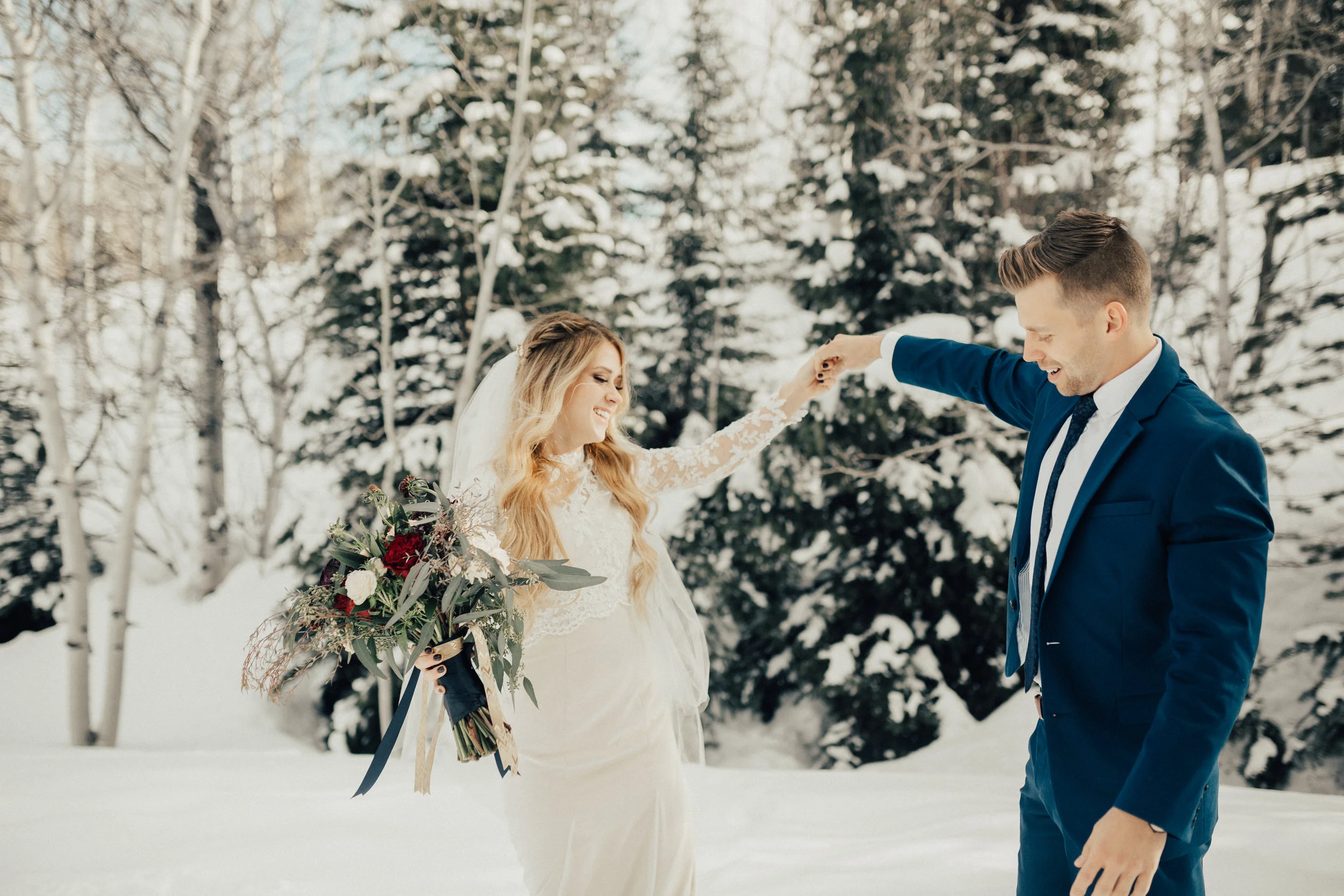 winter bridal first look session