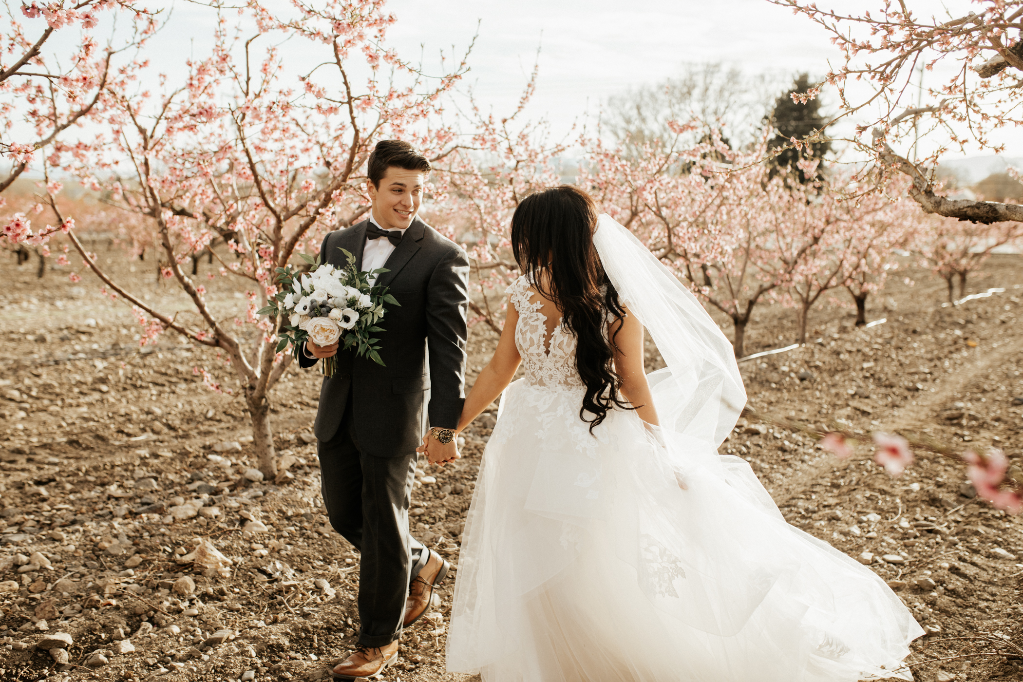 spring blossomed orchard wedding photos