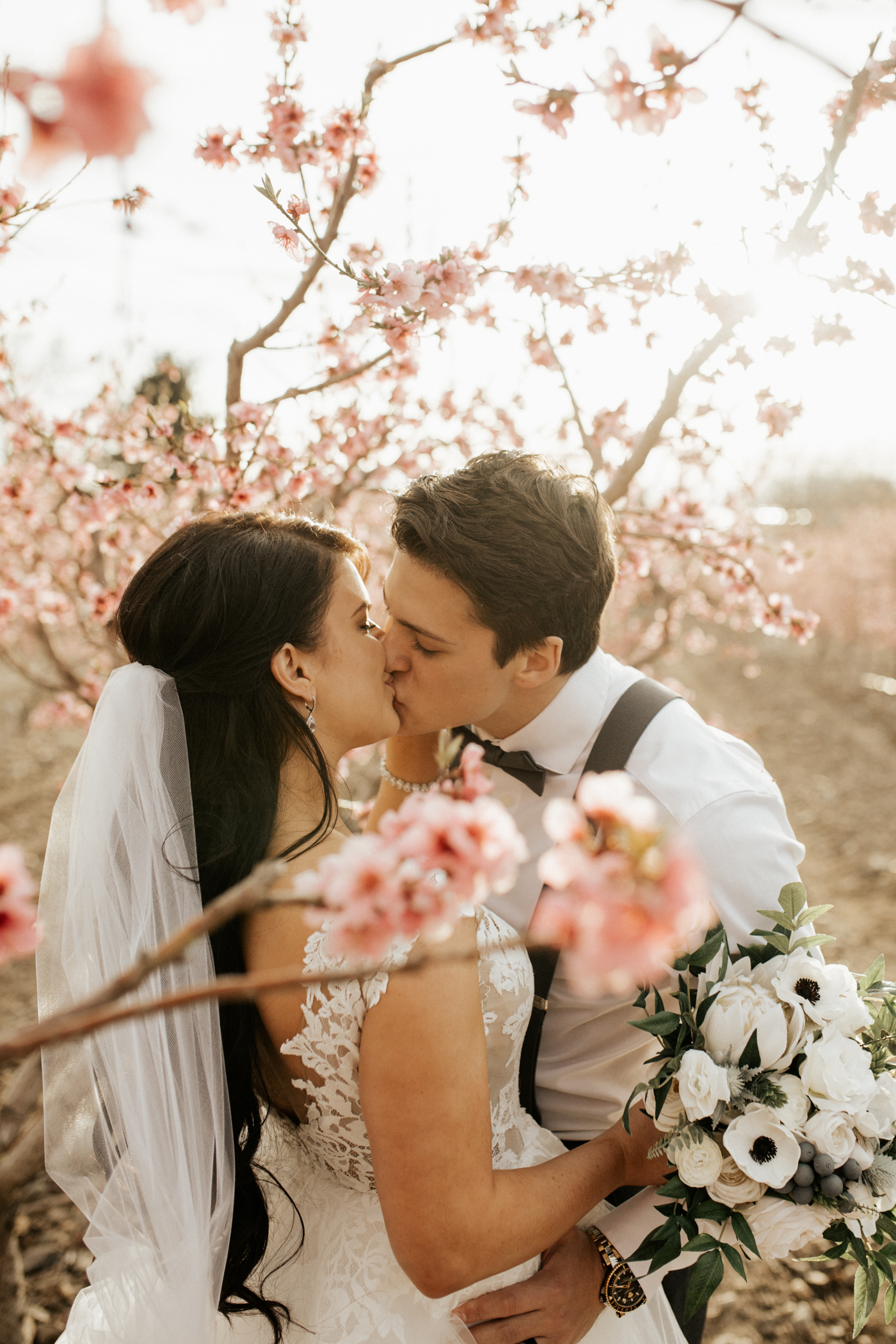 spring blossomed orchard wedding photos