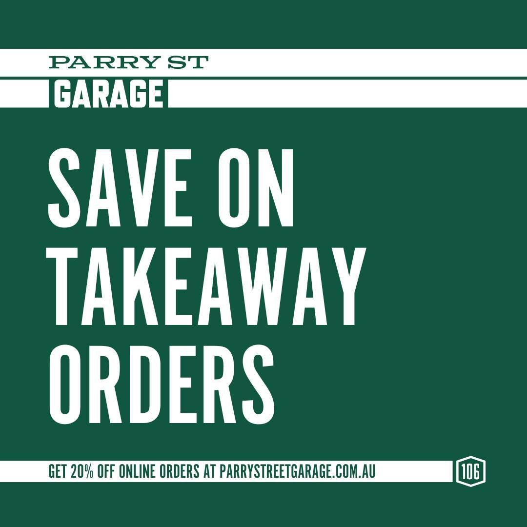 Don&rsquo;t feel like dining in? No problem! Order online for takeaway and enjoy a 20% discount on your order. Easy, convenient, and delicious 🙌 #parrystgarage