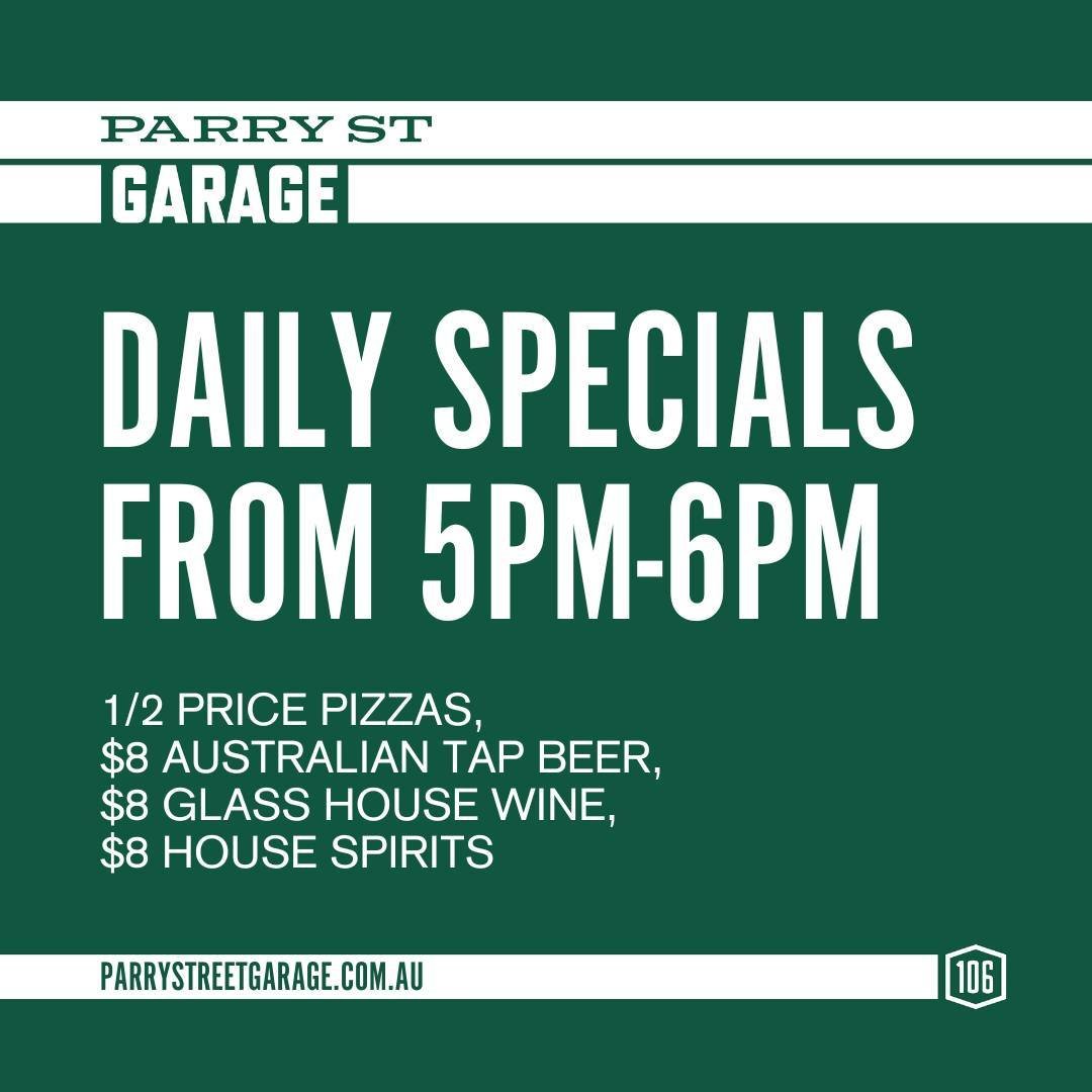 Elevate your evenings with our irresistible daily specials. From discounted pizzas to thirst-quenching drinks, Parry St Garage has your cravings covered! 🍕🍻 Available every day from 5pm-6pm. #parrystgarage