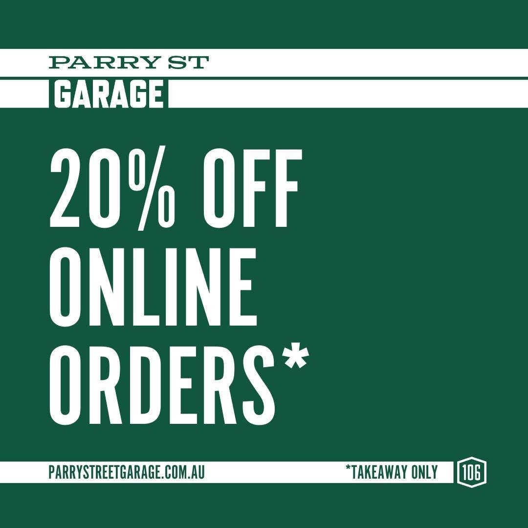 Don&rsquo;t forget we offer 20% off our online takeaway orders! Skip the cooking tonight and order your Italian food online 🙌 The ideal way to cosy up at home! #parrystgarage