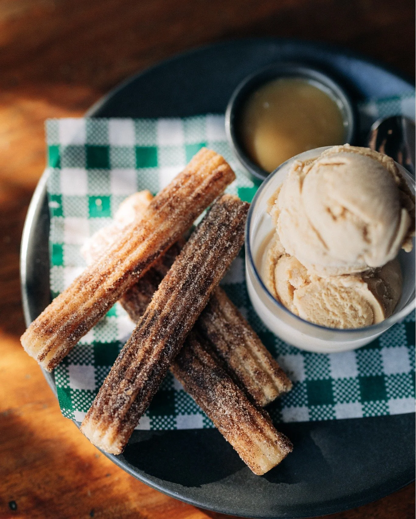 A little something to satisfy your sweet tooth
Churros fried and tossed in cinnamon sugar, caramel sauce &amp; dulce de leche gelato