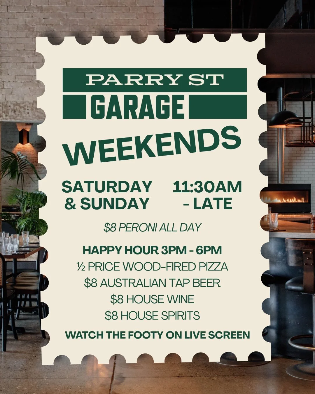 Weekends at the Garage 🍕🍻 @parrystgarage 
Open 11:30am - Late 
$8 Peroni ALL DAY

Happy Hour 3pm-6pm 
1/2 price Wood-fired pizza | $8 Australian tap beer | $8 House wine | $8 House spirit