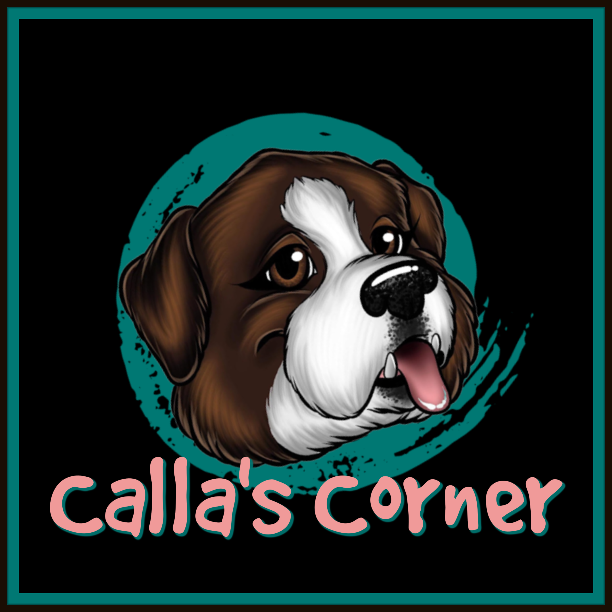 Saint Bernard face with tongue out, circular swipe of teal paint behind her, with the words "calla's corner" in playful font in pink at the bottom