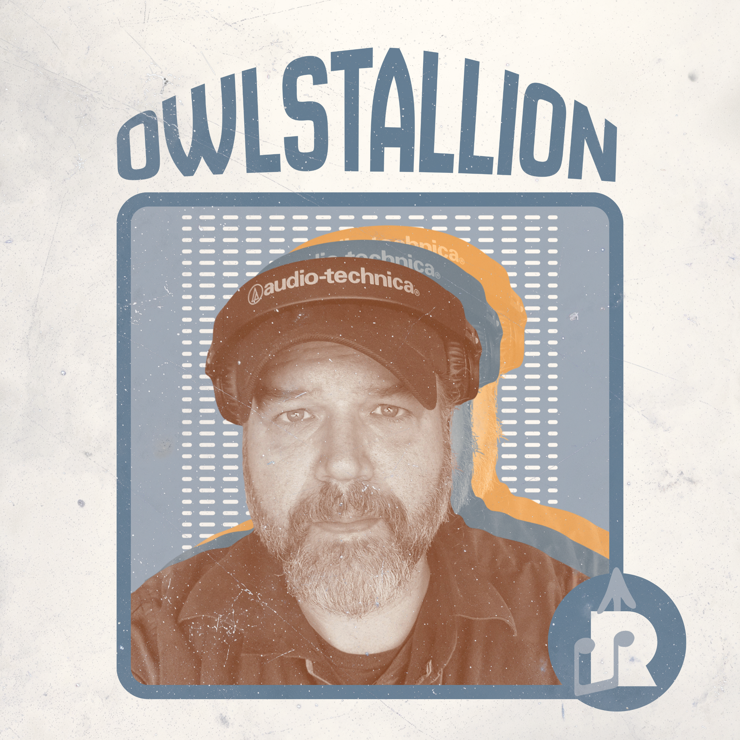 Vintage style poster featuring a man wearing a black cap with 'audio-technica' logo, with the text 'OWLASTATION' at the top, a stylized headset logo at the bottom right, and a faded background with textured design.