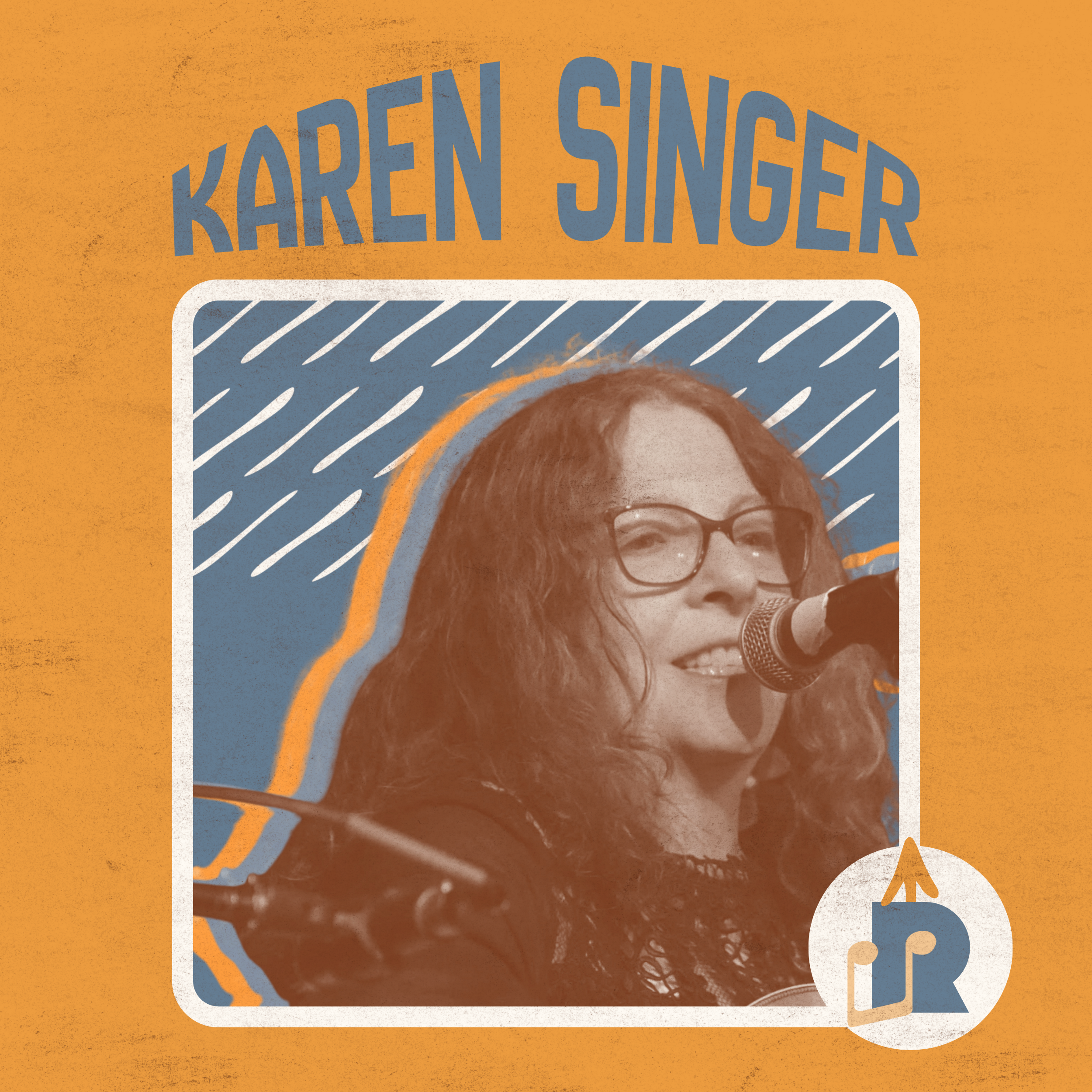 Illustrated graphic of a woman singing into a microphone, wearing glasses and with curly hair. Text above says 'Karen Singer'. Background is orange with a white border around the image and a logo at the bottom right corner.