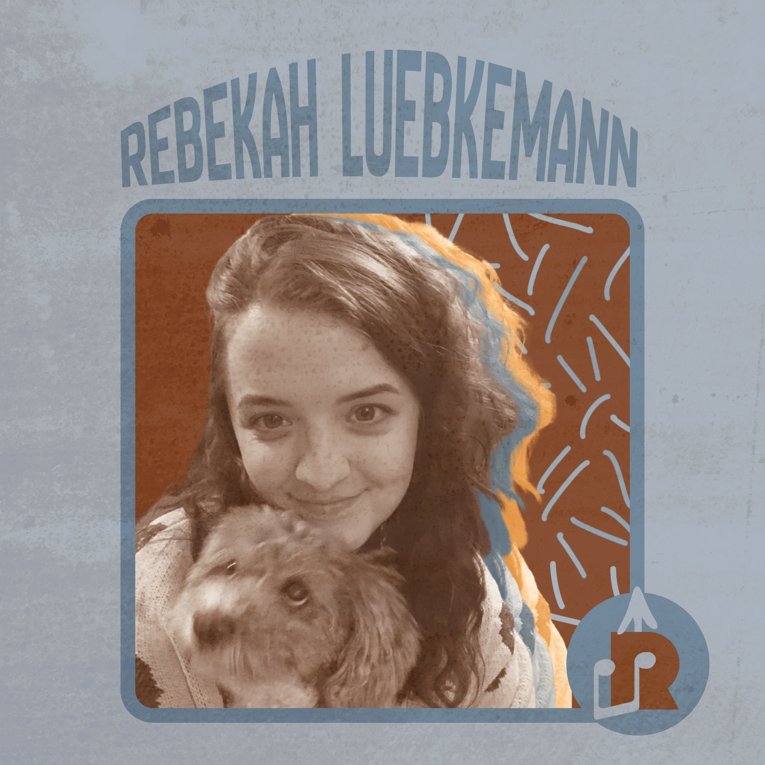 A woman with curly brown hair smiling, holding a fluffy guinea pig, in front of a decorative background with geometric patterns and text 'Rebekah Luebkemann'.
