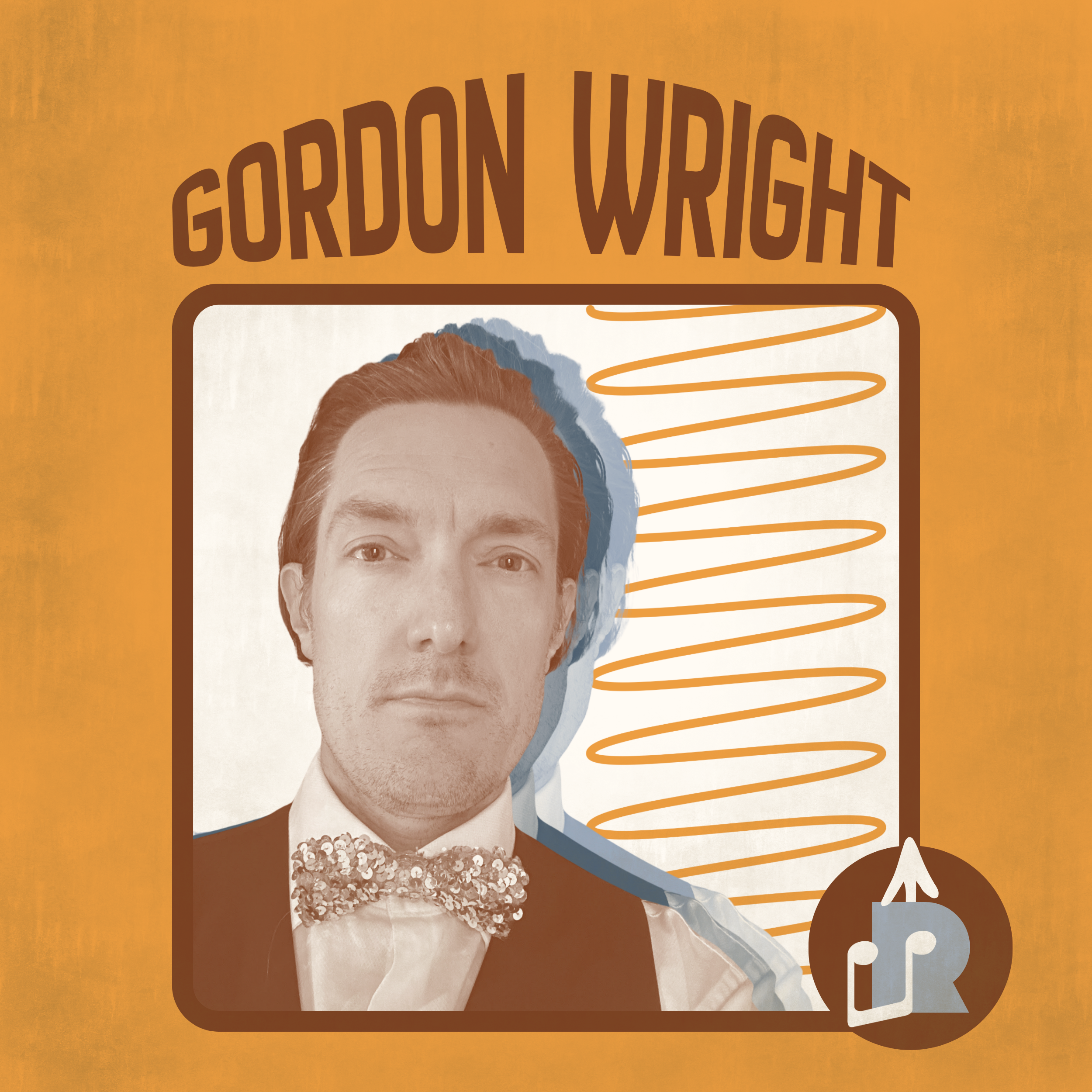 A stylized book cover with a photo of a man with brown hair and a serious expression wearing a tuxedo and a sequin bow tie. The background is orange with the title 'Gordon Wright' at the top and a spiral design behind the photo.
