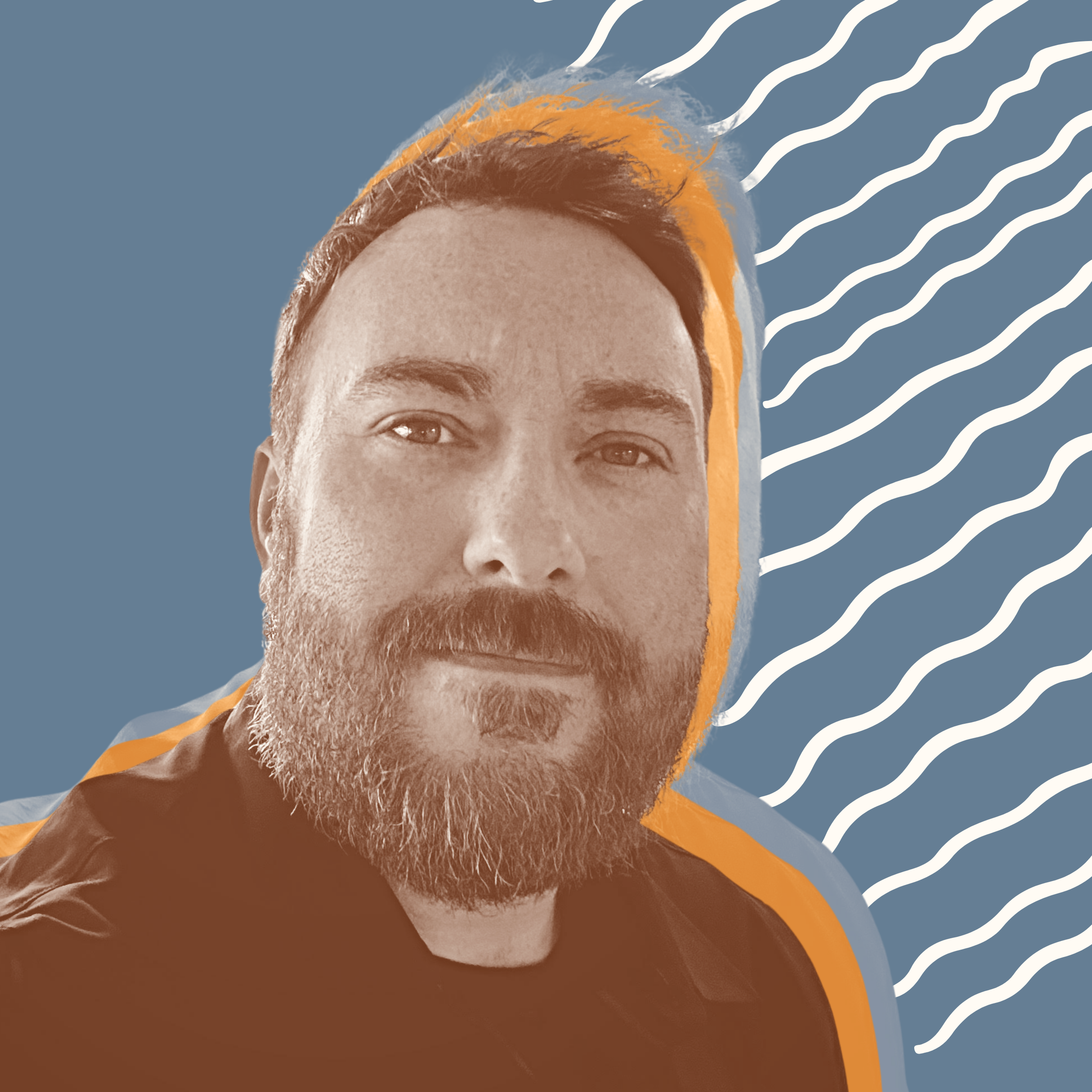Close-up portrait of a bearded man with short hair, against a blue background with white wavy lines and an orange outline around his head.