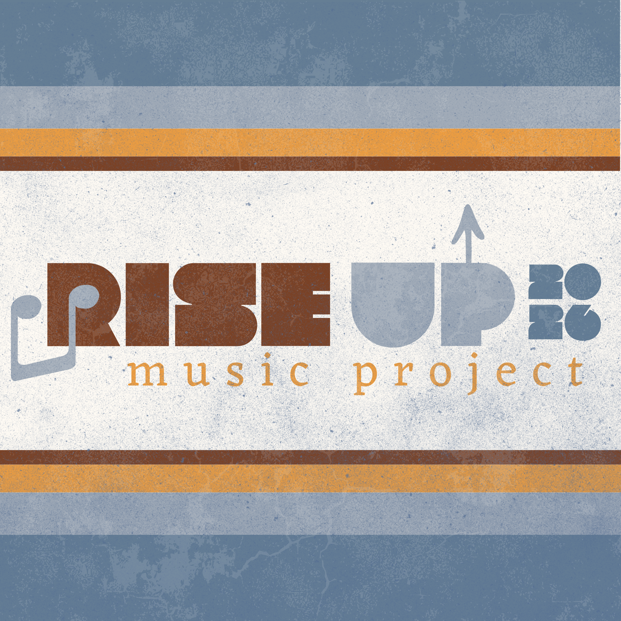 Logo for the Rise Up 2020 Music Project with stylized text and a rising arrow