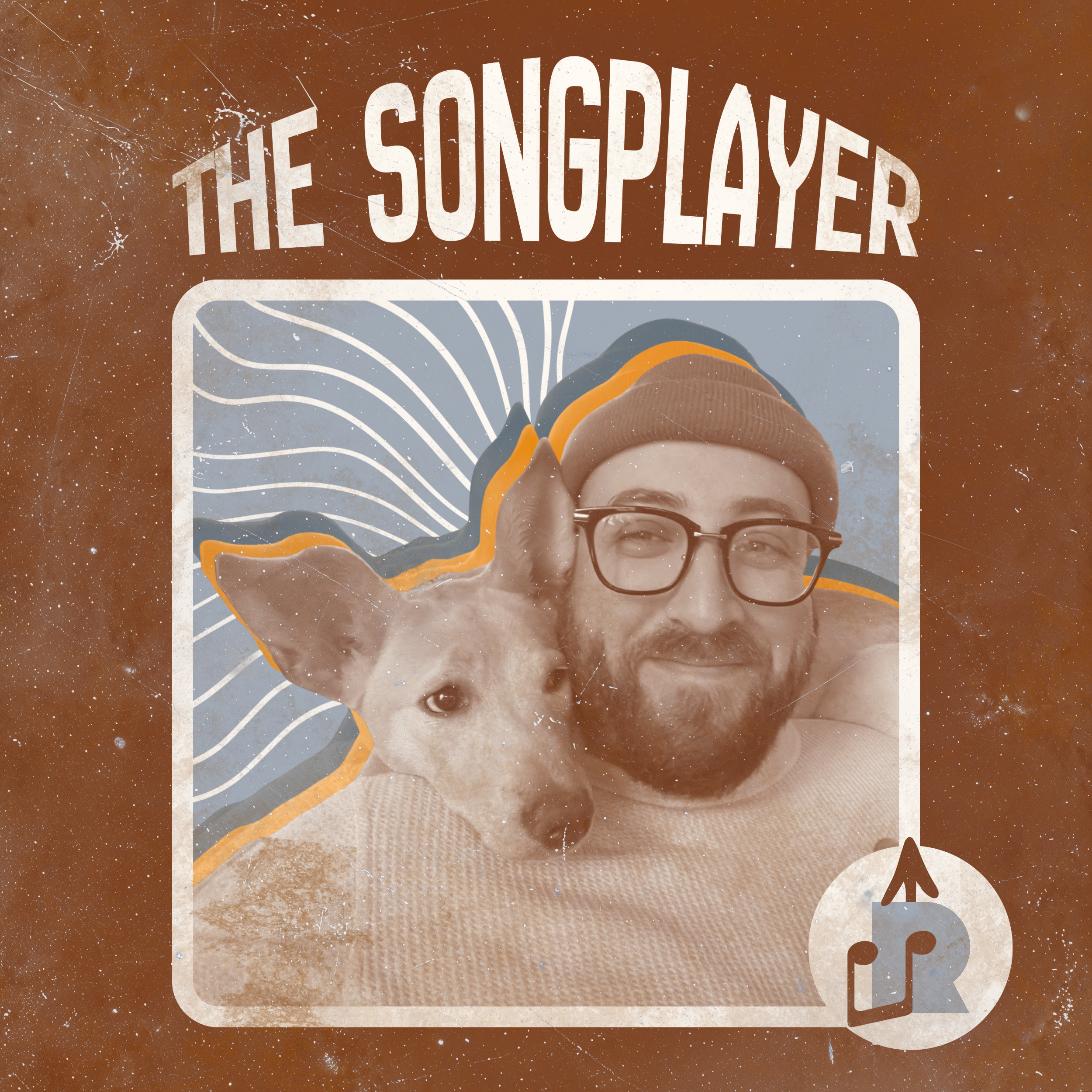 A cover art image with a man wearing glasses and a beanie, smiling with a dog. The background has artistic wave and star patterns, with the text 'The Songplayer' at the top and a speech bubble icon with a music note at the bottom right.