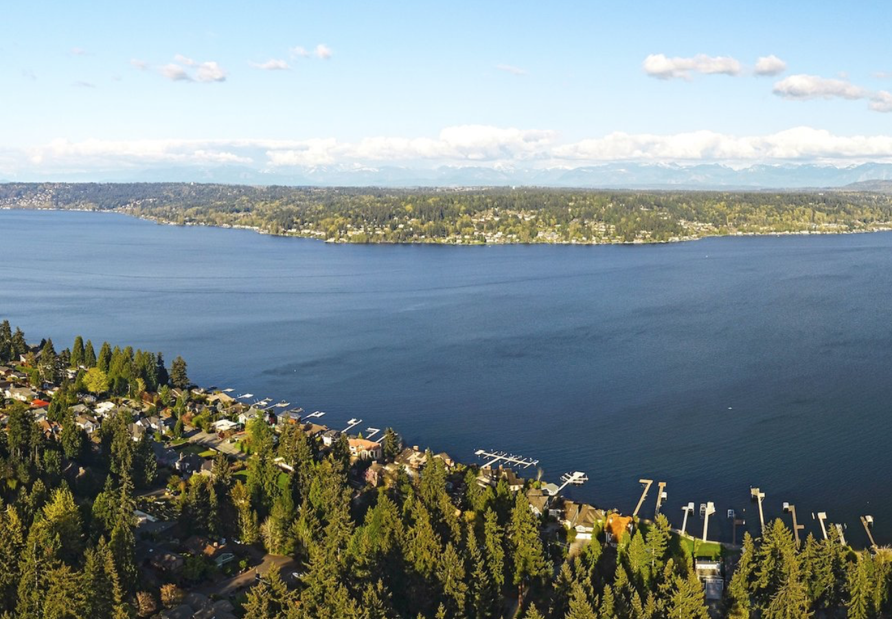 Aerial view of a large body of water with a shoreline populated by houses and trees, with a distant landmass and mountains in the background under a partly cloudy sky.