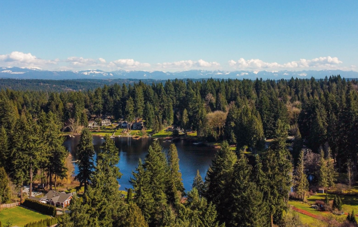 Aerial view of a wooded lakeside neighborhood with houses, surrounded by tall evergreen trees, with mountains and blue sky in the background.