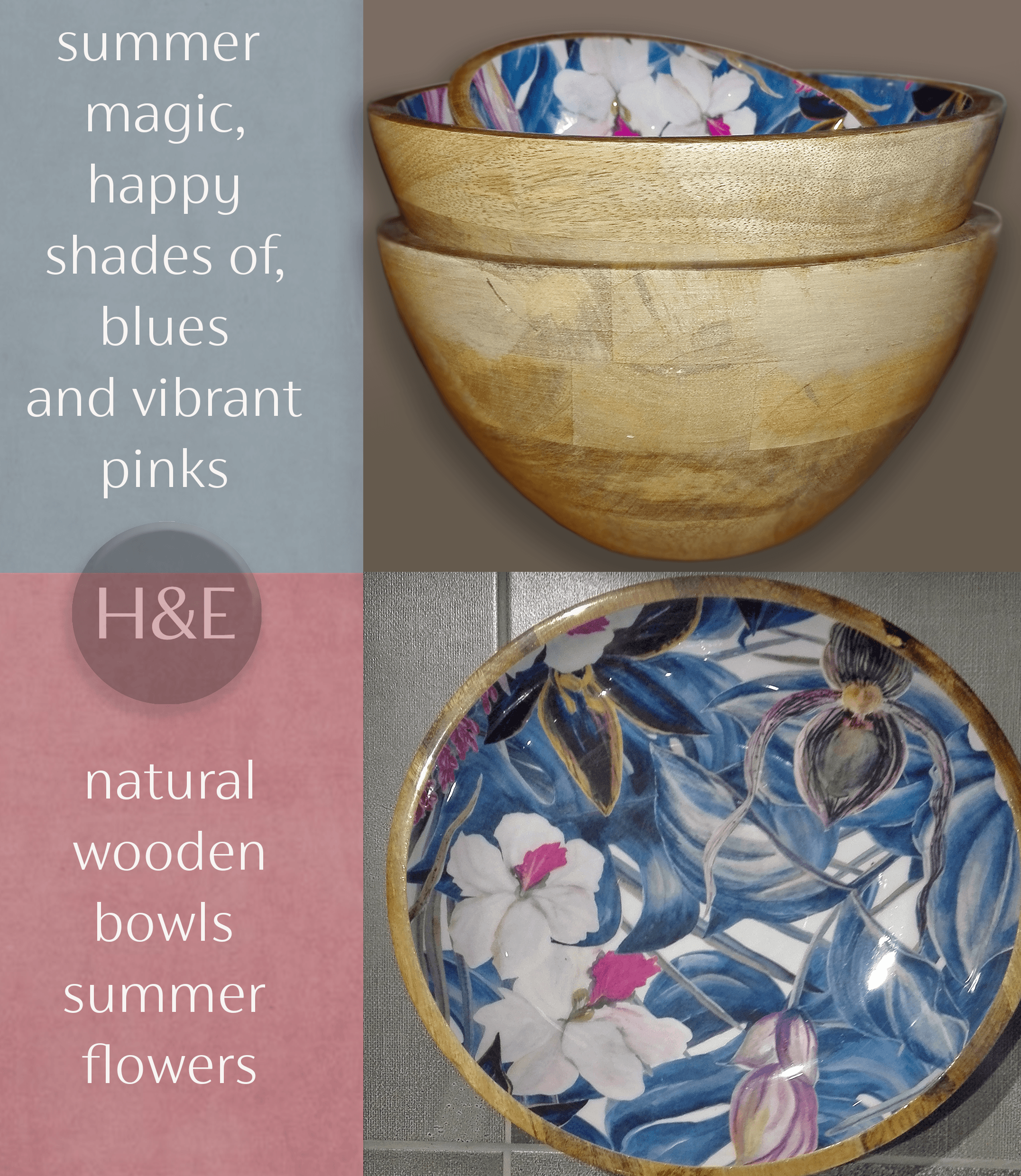 Beautiful Exotic Pink and Blue Flower Wood&Resin Bowls.