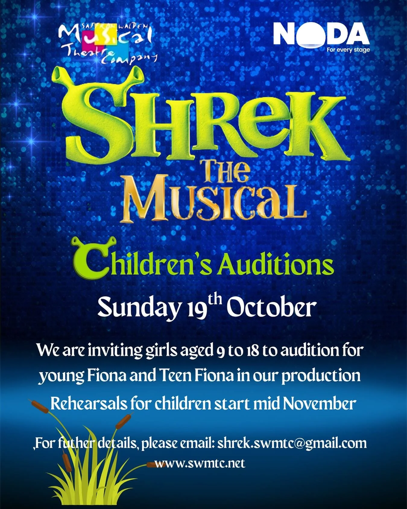 We are inviting girls aged 9-18 to audition for young Fiona and teen Fiona in our production of SHREK at Saffron Walden Town Hall in March 2026. 
For further details and to register for the audition, please email Vicky on shrek.swmtc@gmail.com
@sta