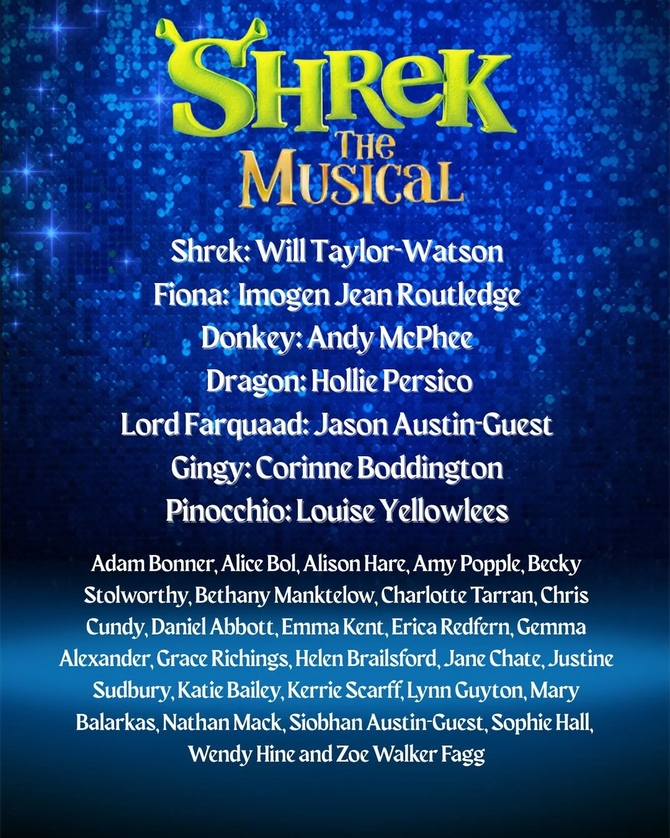 We are thrilled to introduce our cast for our adult company production of SHREK! Coming to Saffron Walden Town Hall in March 2026
Tickets on sale in January!
#saffronwalden #shrekthemusical #castannouncement