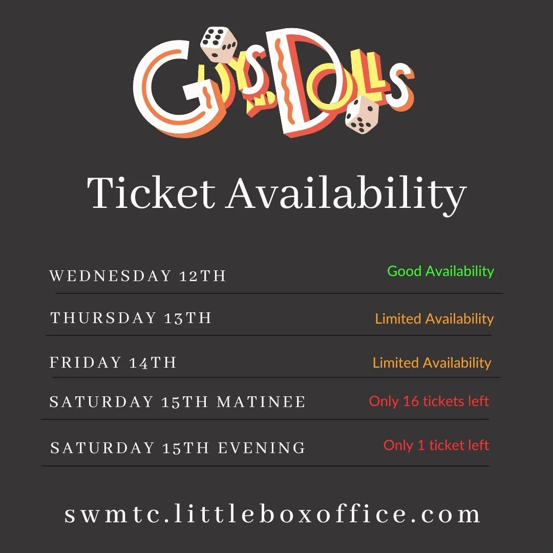 GUYS & DOLLS tickets are disappearing fast! Only 1 ticket left for Saturday night. Best availability is now Wednesday 12th November.
Tickets available in person from @swtic (additional fees apply) or on line from swmtc.littleboxoffice.com
🎲 GU