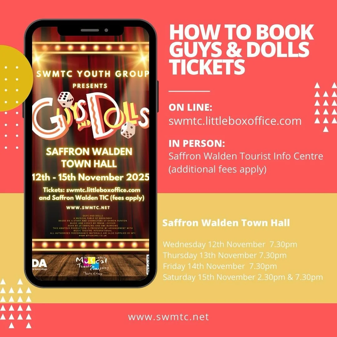 Not got your Guys & Dolls tickets yet?  Well, don’t leave it much longer. Saturday tickets have almost all gone!  Best availability is now Wednesday 12th
Details on the image. 
#saffronwalden #guysanddolls