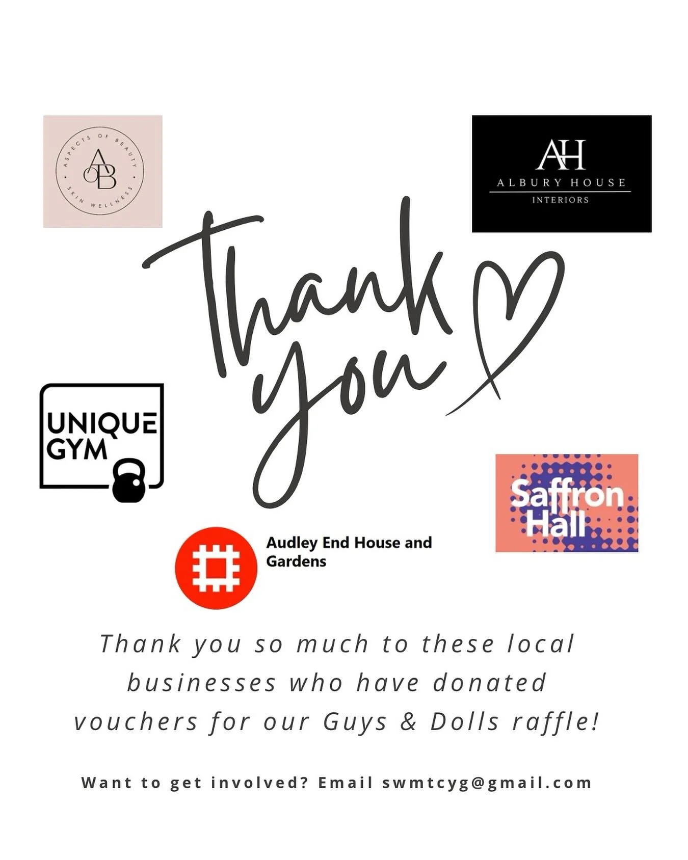 Thank you so much to these local businesses who have donated prizes for our Guys & Dolls raffle. It’s an expensive business putting on a production and the proceeds from the raffle help fund it all!
Thanks to:
@uniquegymwalden 
@audley_end