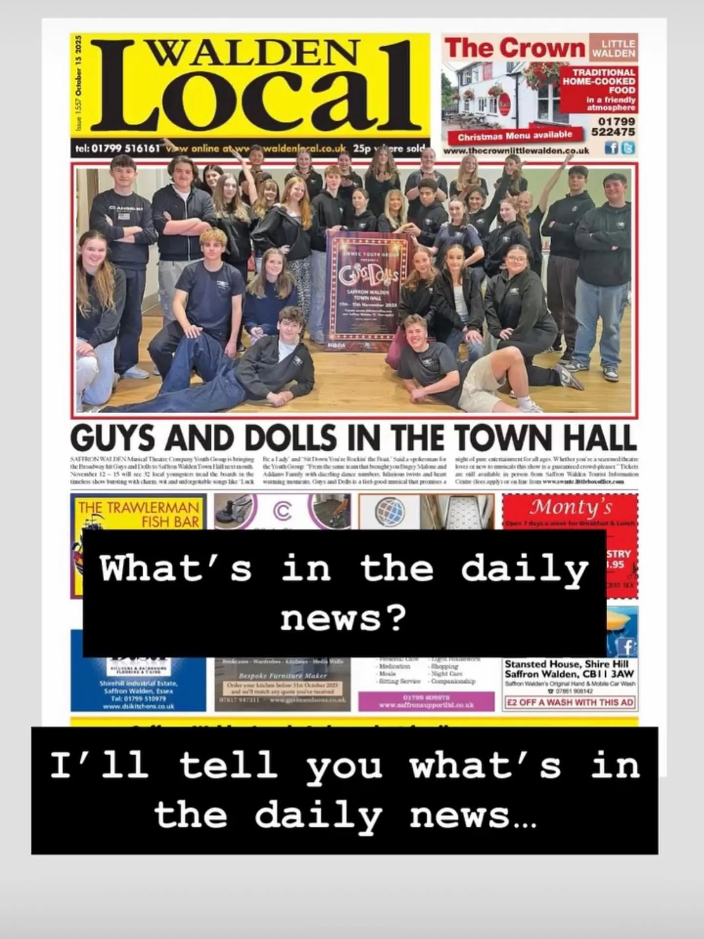 Our cast made the front page!
More tickets being released today for every performance!
Get yours now at https://swmtc.littleboxoffice.com or in person from @swtic 
GUYS & DOLLS
Saffron Walden Town Hall
12-15 November 
#saffronwalden #guysandd